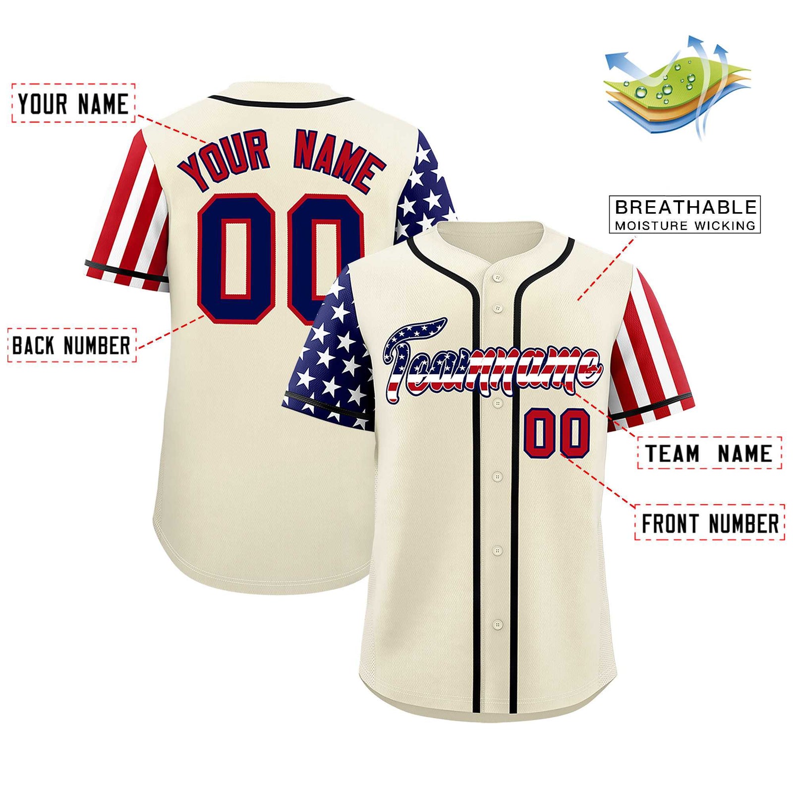 Custom Cream American Flag Design Personalized Baseball Jersey