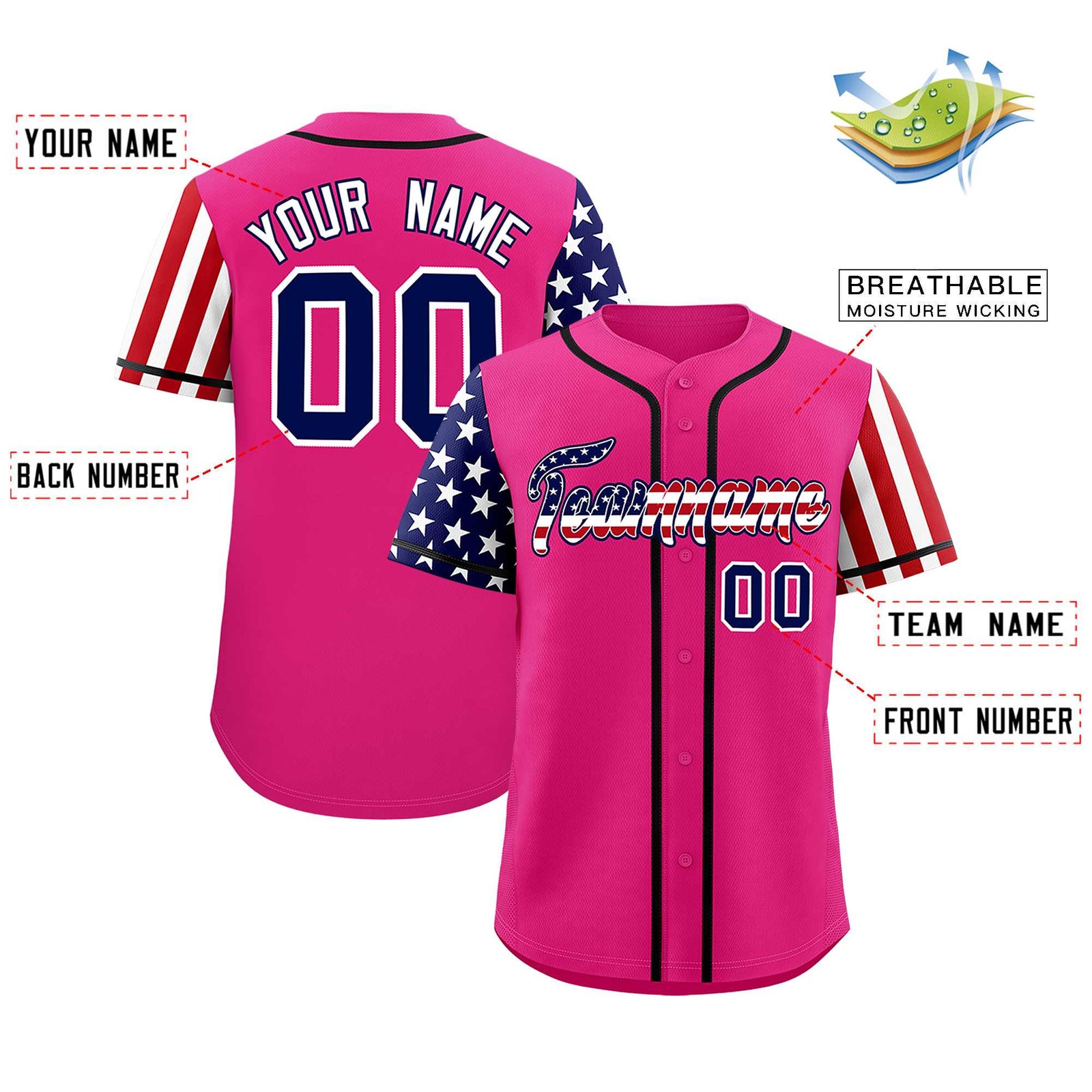 Custom Rose Red American Flag Design Personalized Baseball Jersey