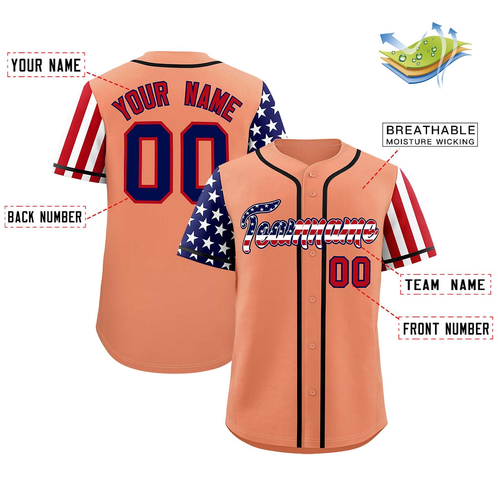 Custom Light Orange American Flag Design Personalized Baseball Jersey