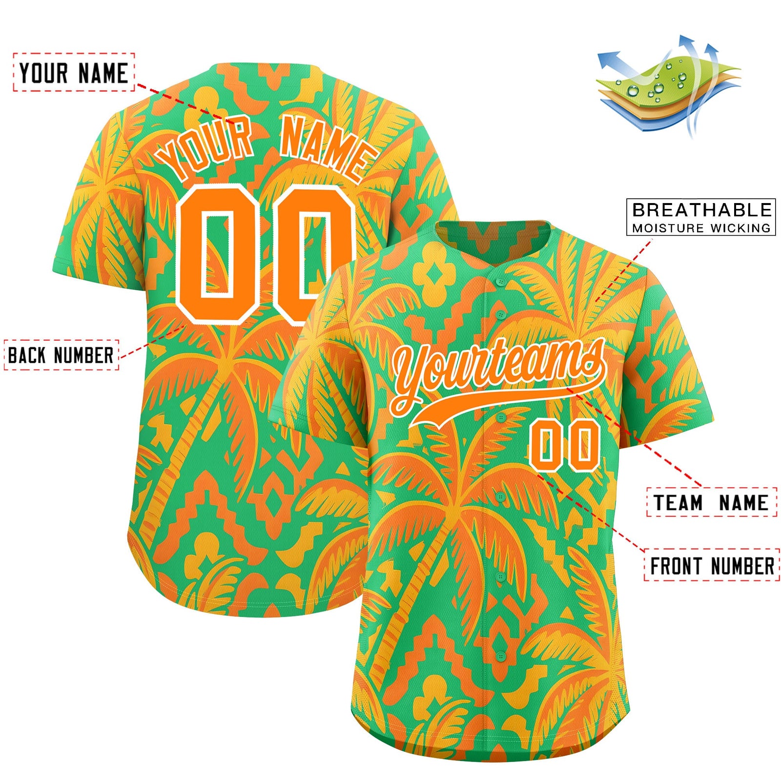Custom White Orange Palm Tree Pattern Graffiti Hawaiian Style Baseball Jersey| KXKSHOP