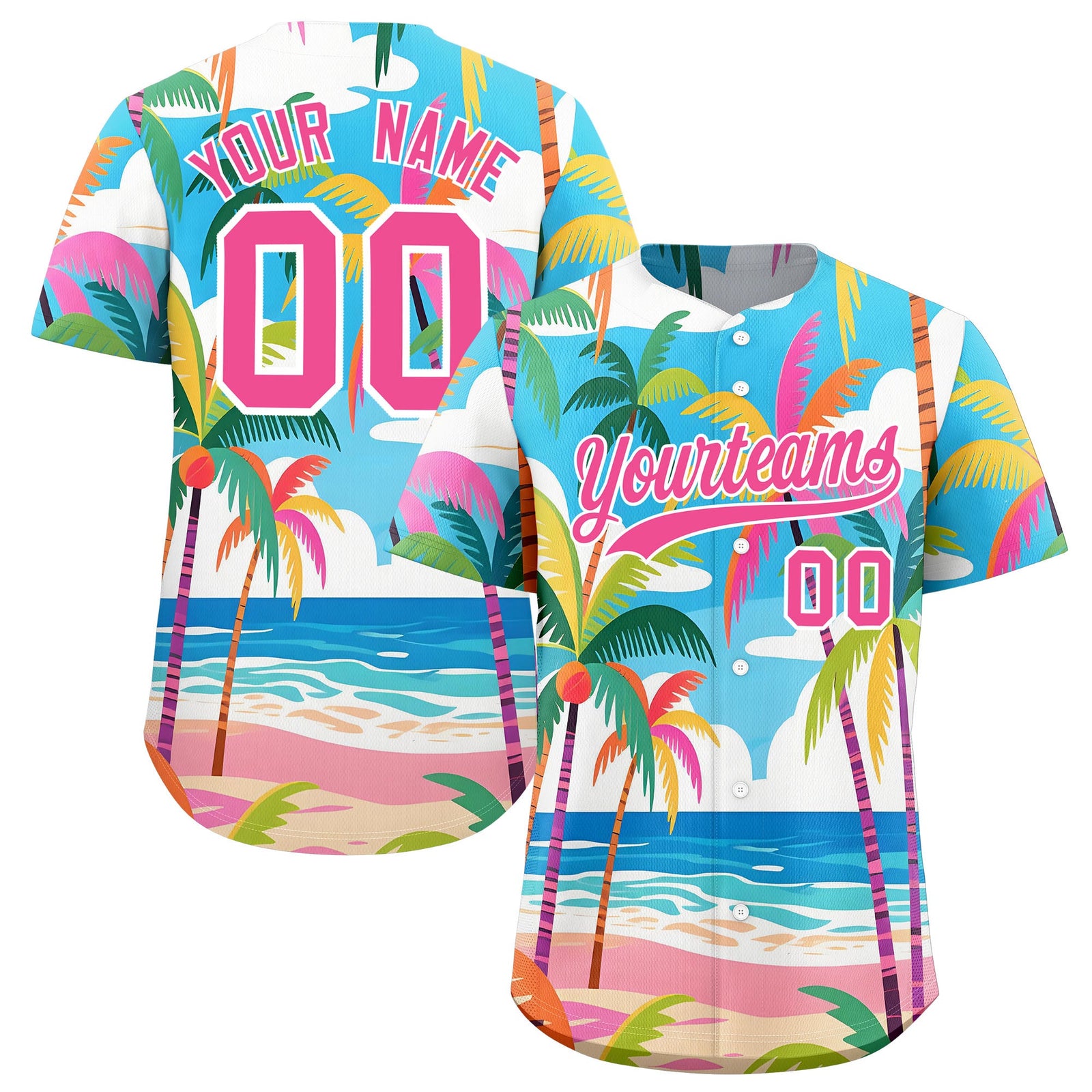 Custom Pink White Seaside Palm Tree Pattern Graffiti Hawaiian Style Baseball Jersey| KXKSHOP