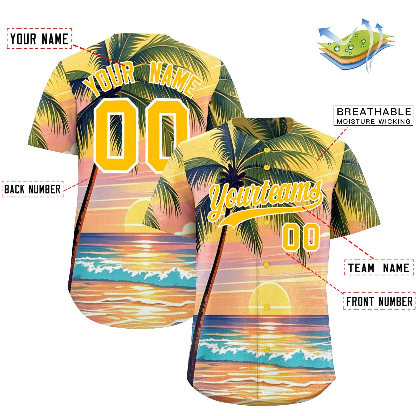 Custom Yellow White Palm Tree Pattern Graffiti Hawaiian Style Baseball Jersey| KXKSHOP