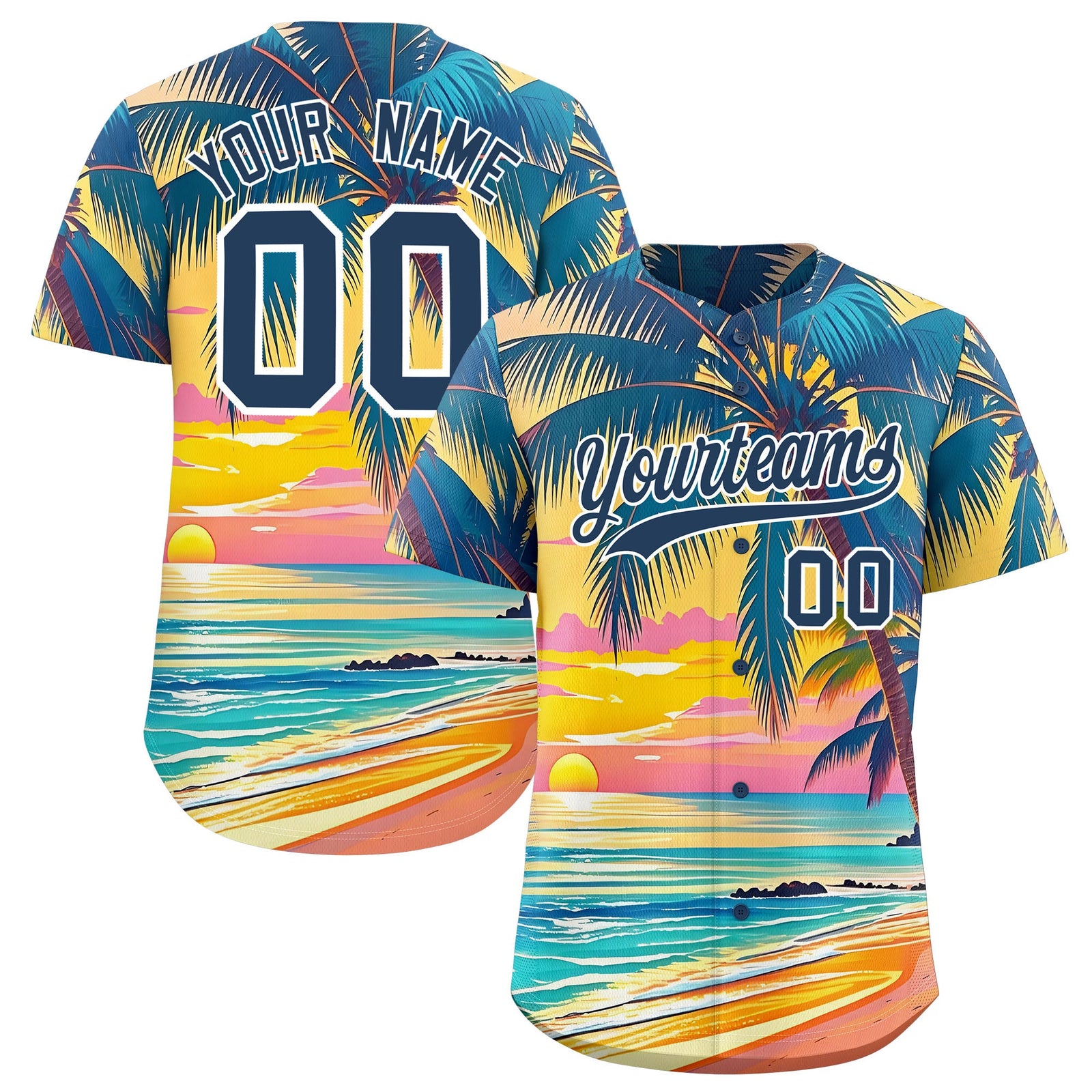 Custom Midnight Blue White Palm Tree Pattern Graffiti Hawaiian Style Baseball Jersey| KXKSHOP