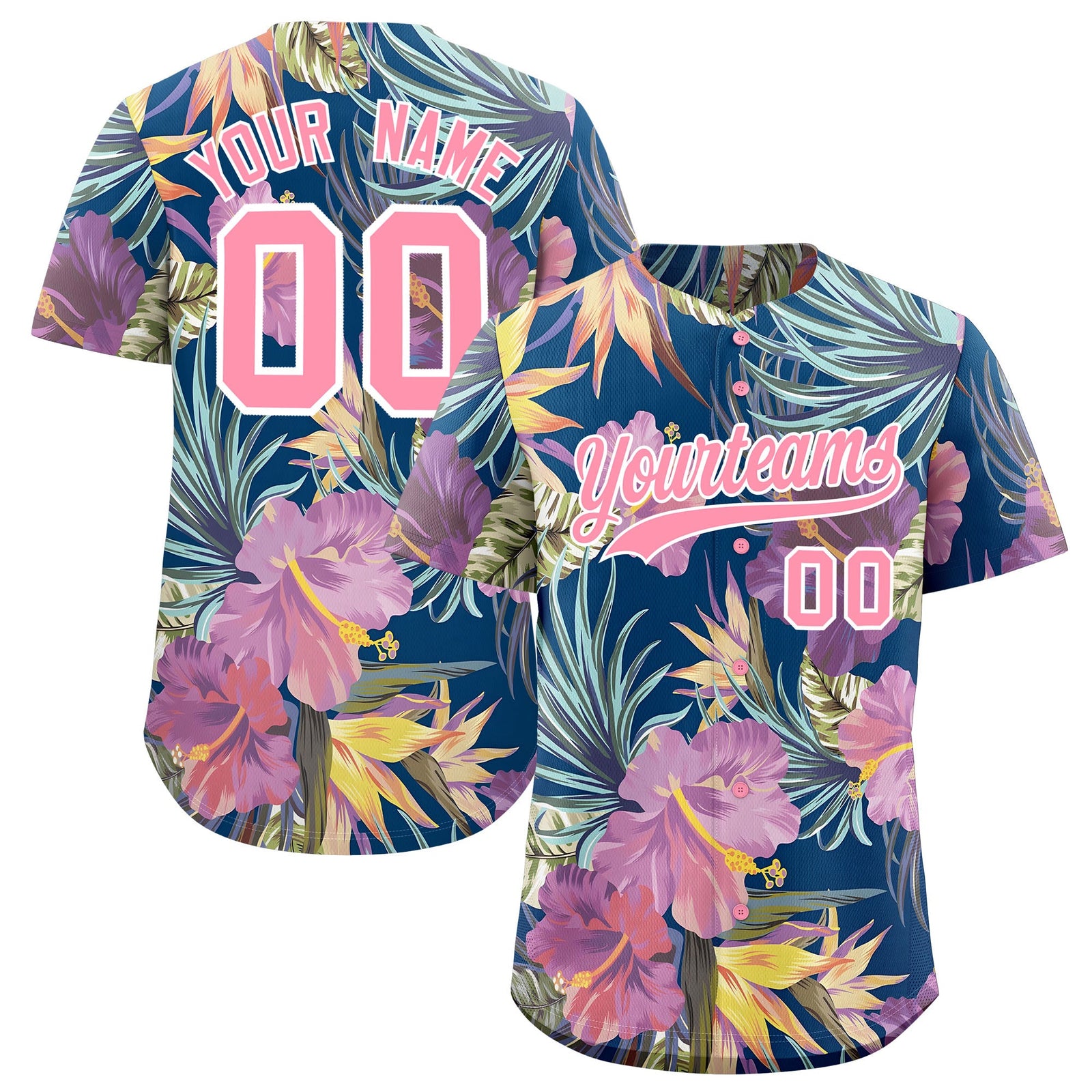 Custom Light Pink White Palm Tree Pattern Graffiti Hawaiian Style Baseball Jersey| KXKSHOP