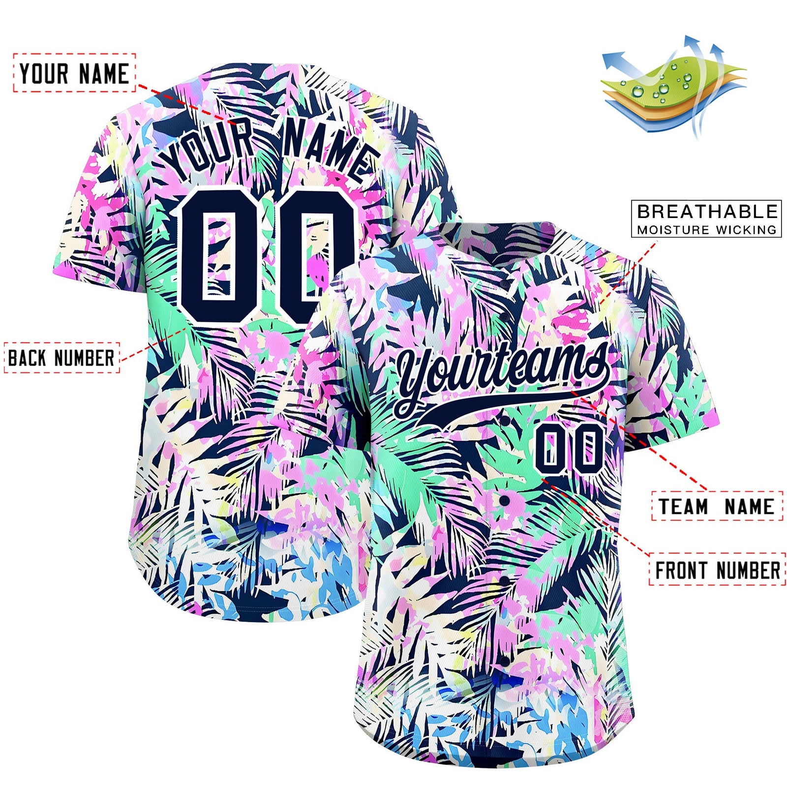 Custom White Navy Palm Tree Pattern Graffiti Hawaiian Style Baseball Jersey| KXKSHOP