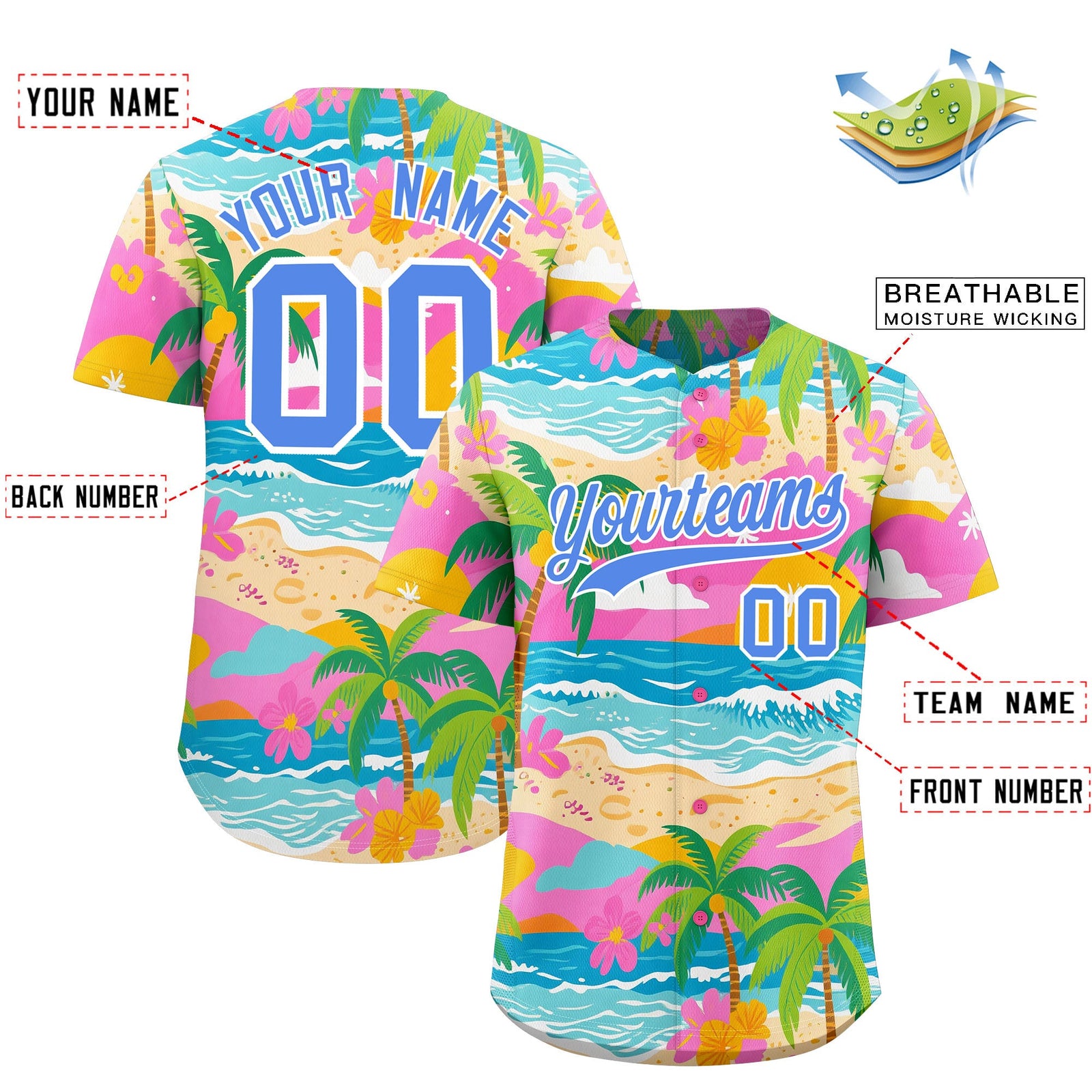Custom Powder Blue White Palm Tree Pattern Graffiti Hawaiian Style Baseball Jersey| KXKSHOP