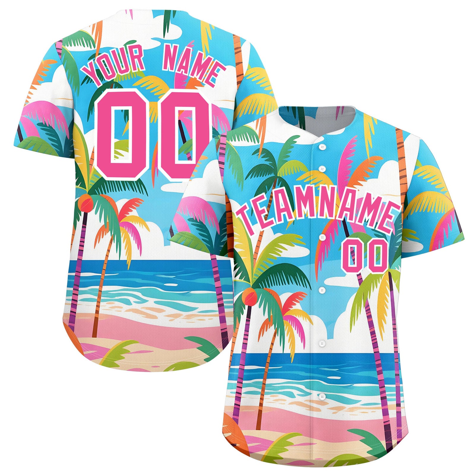 Custom Pink White Seaside Palm Tree Pattern Graffiti Hawaiian Style Baseball Jersey| KXKSHOP