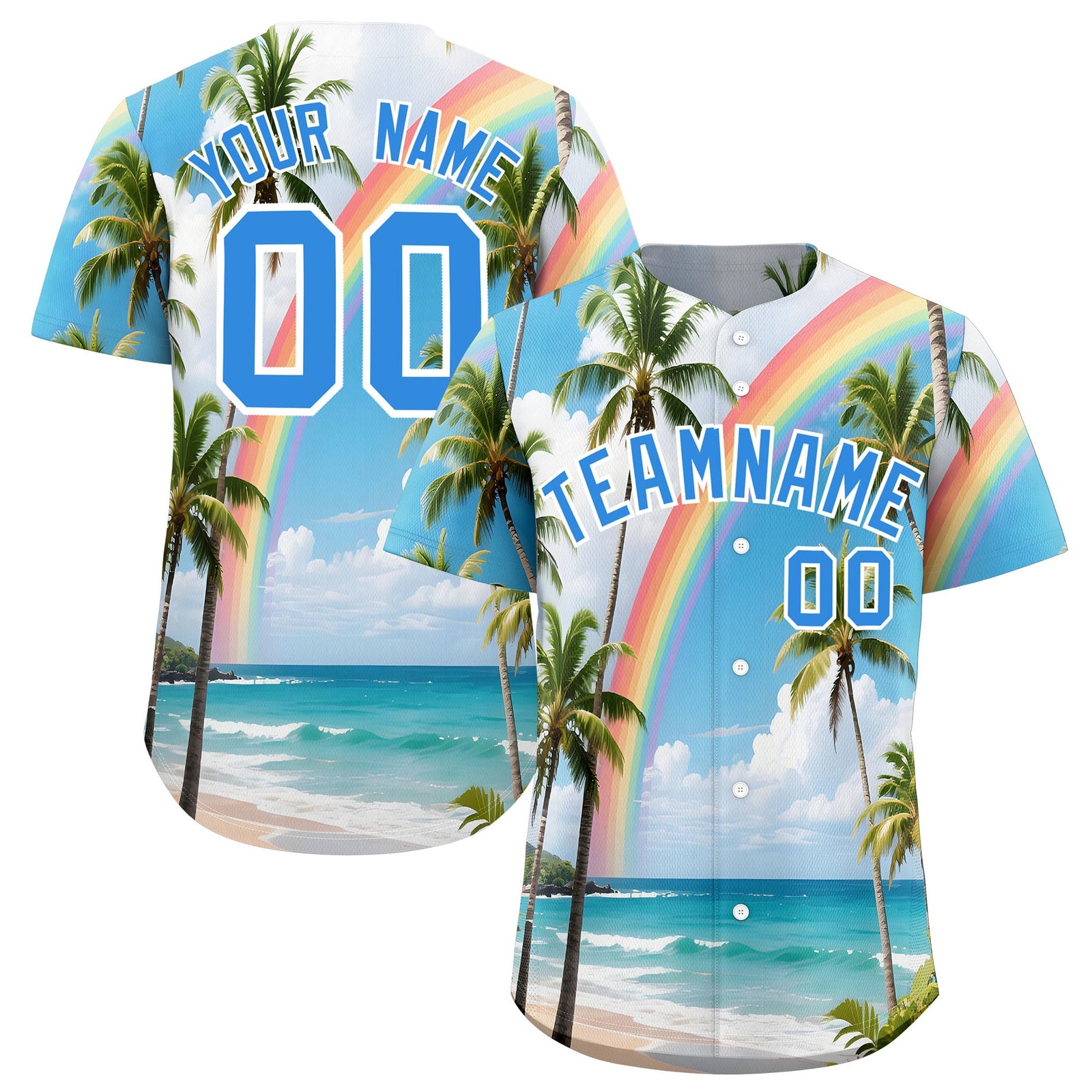 Custom Light Blue White Palm Tree Pattern Graffiti Hawaiian Style Baseball Jersey| KXKSHOP