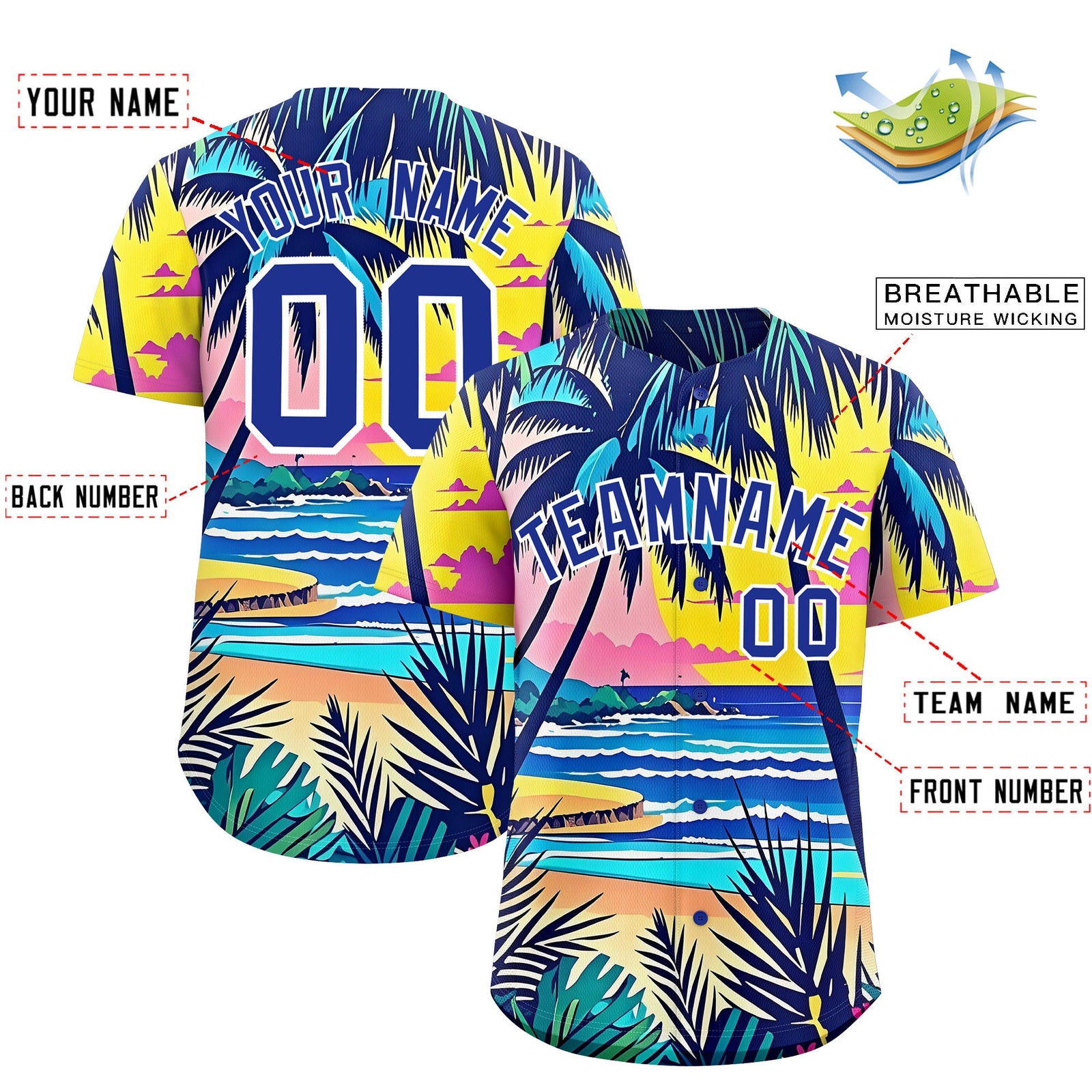 Custom Royal Blue White Palm Tree Pattern Graffiti Hawaiian Style Baseball Jersey| KXKSHOP