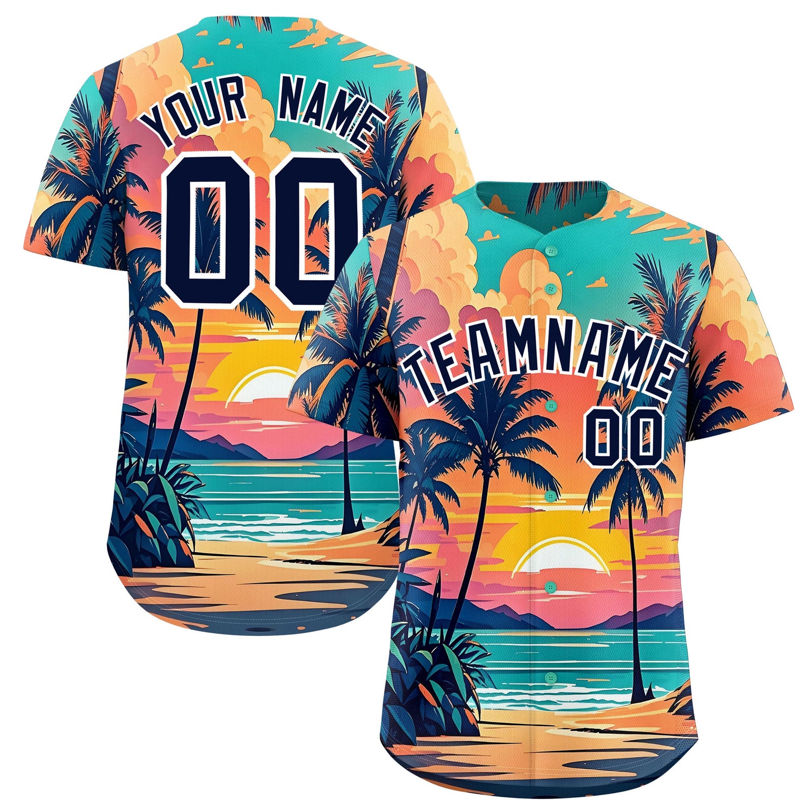 Custom Navy White Sunset Palm Tree Pattern Graffiti Hawaiian Style Baseball Jersey| KXKSHOP