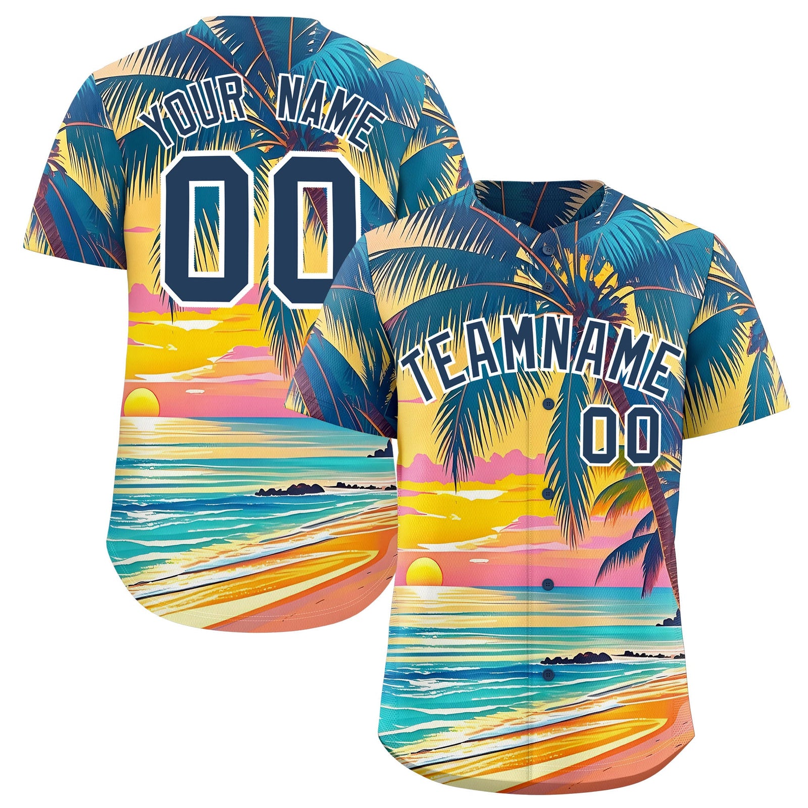 Custom Midnight Blue White Palm Tree Pattern Graffiti Hawaiian Style Baseball Jersey| KXKSHOP