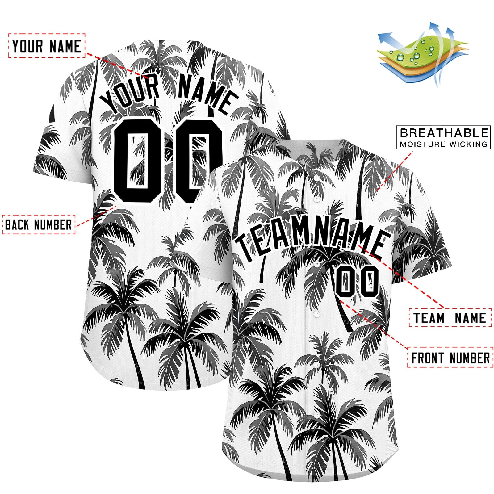 Custom Black White Palm Tree Pattern Graffiti Hawaiian Style Baseball Jersey| KXKSHOP