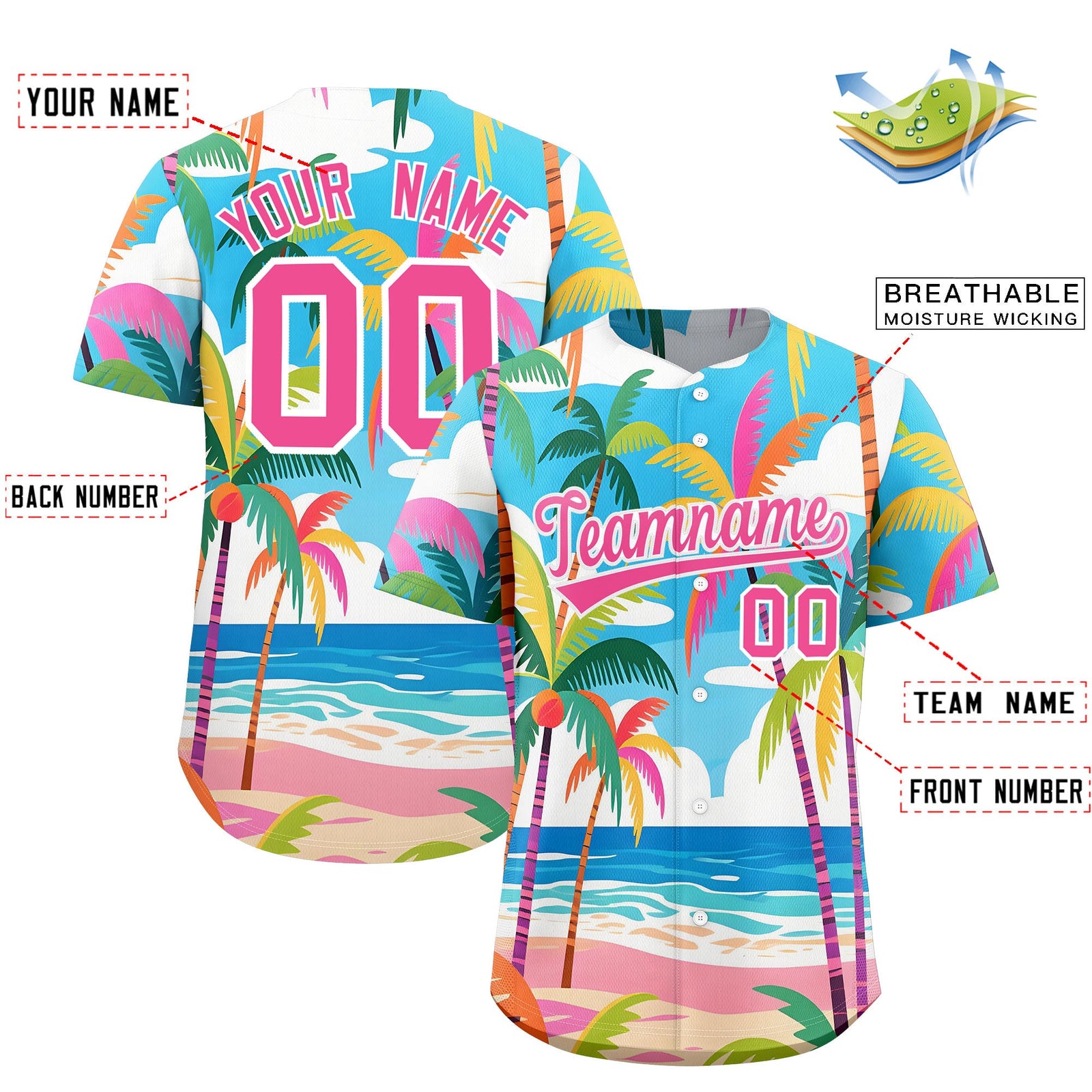 Custom Pink White Seaside Palm Tree Pattern Graffiti Hawaiian Style Baseball Jersey| KXKSHOP