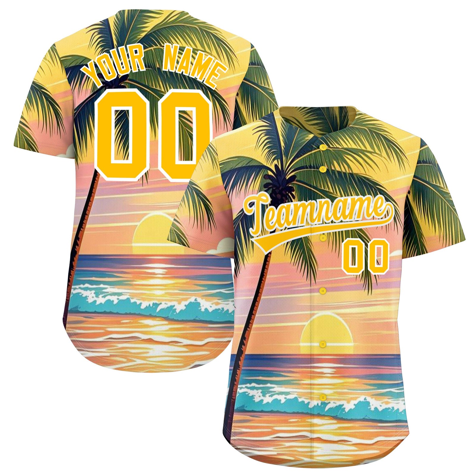 Custom Yellow White Palm Tree Pattern Graffiti Hawaiian Style Baseball Jersey| KXKSHOP