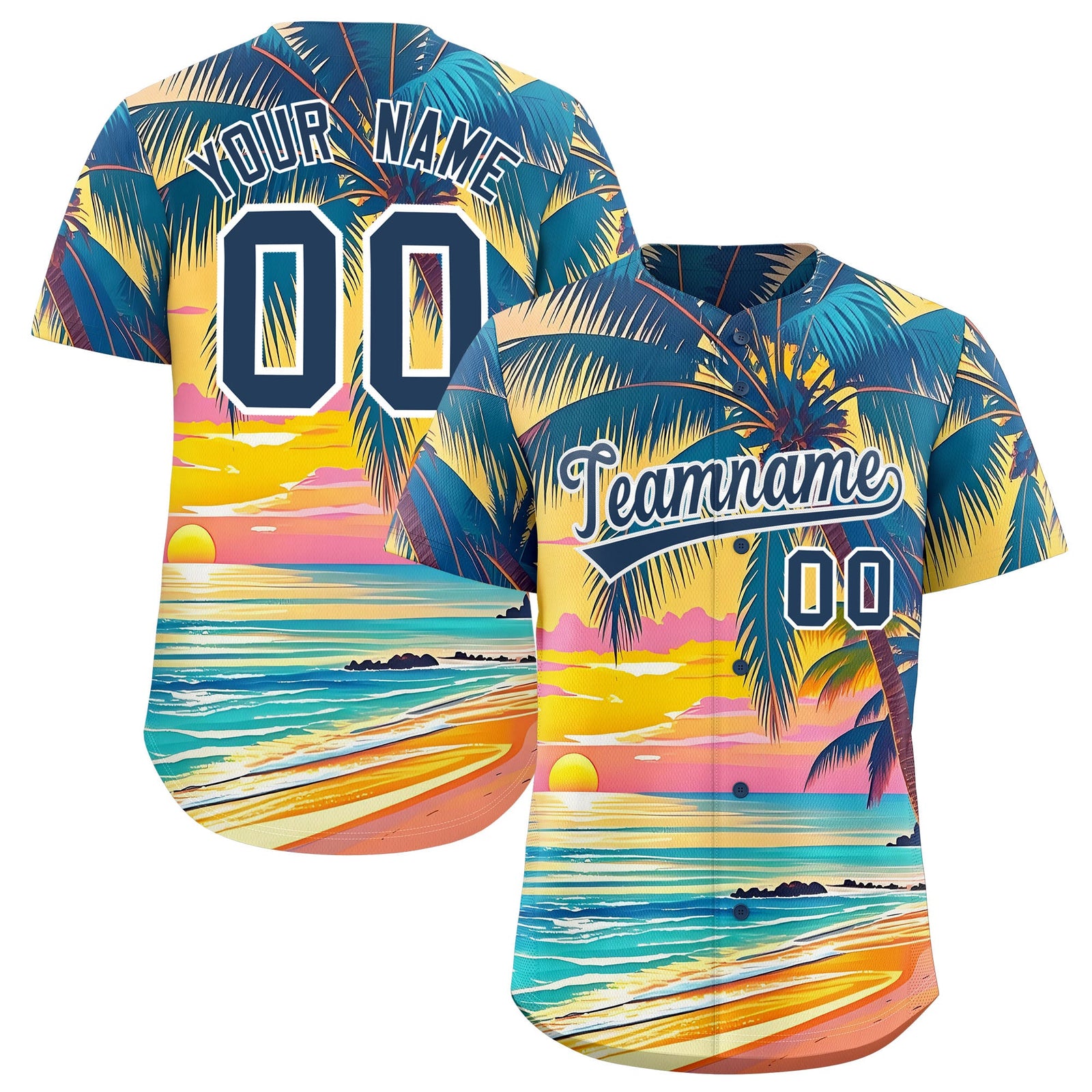 Custom Midnight Blue White Palm Tree Pattern Graffiti Hawaiian Style Baseball Jersey| KXKSHOP
