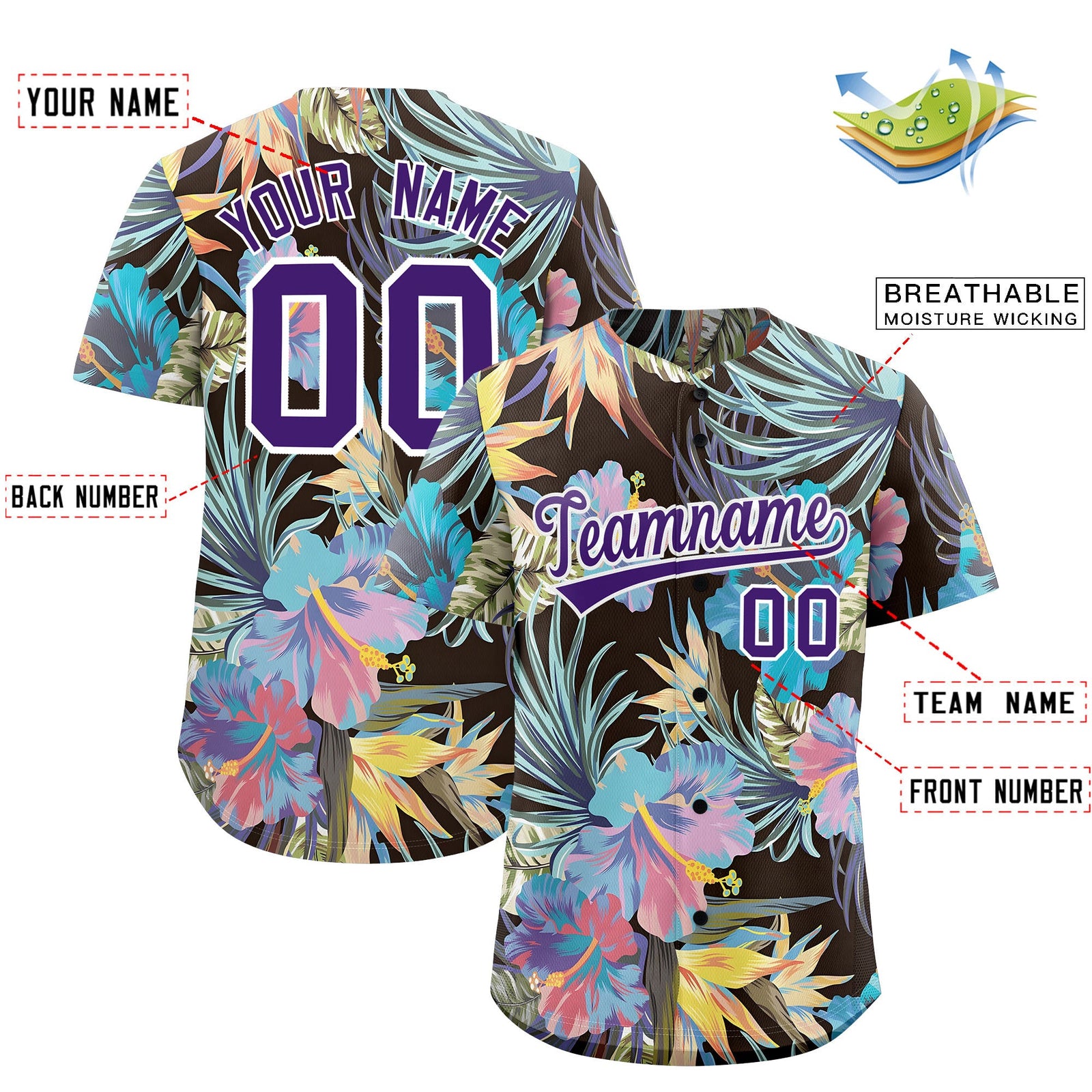 Custom Purple White Palm Tree Pattern Graffiti Hawaiian Style Baseball Jersey| KXKSHOP
