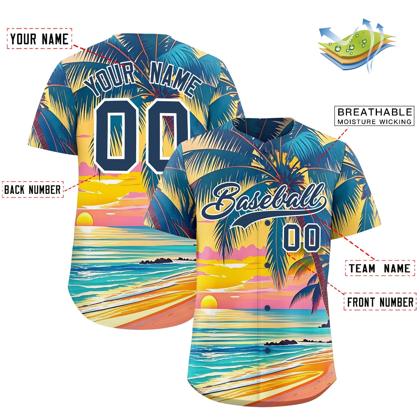 Custom Midnight Blue White Palm Tree Pattern Graffiti Hawaiian Style Baseball Jersey| KXKSHOP
