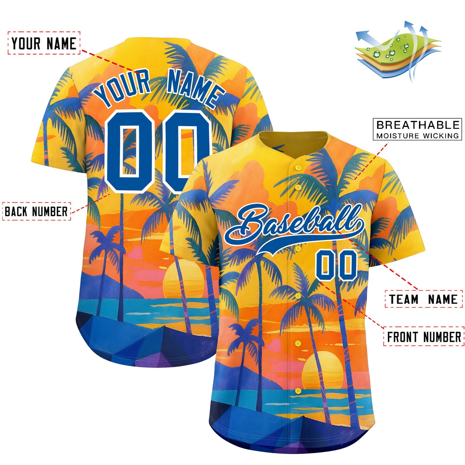 Custom Royal White Palm Tree Pattern Graffiti Hawaiian Style Baseball Jersey| KXKSHOP