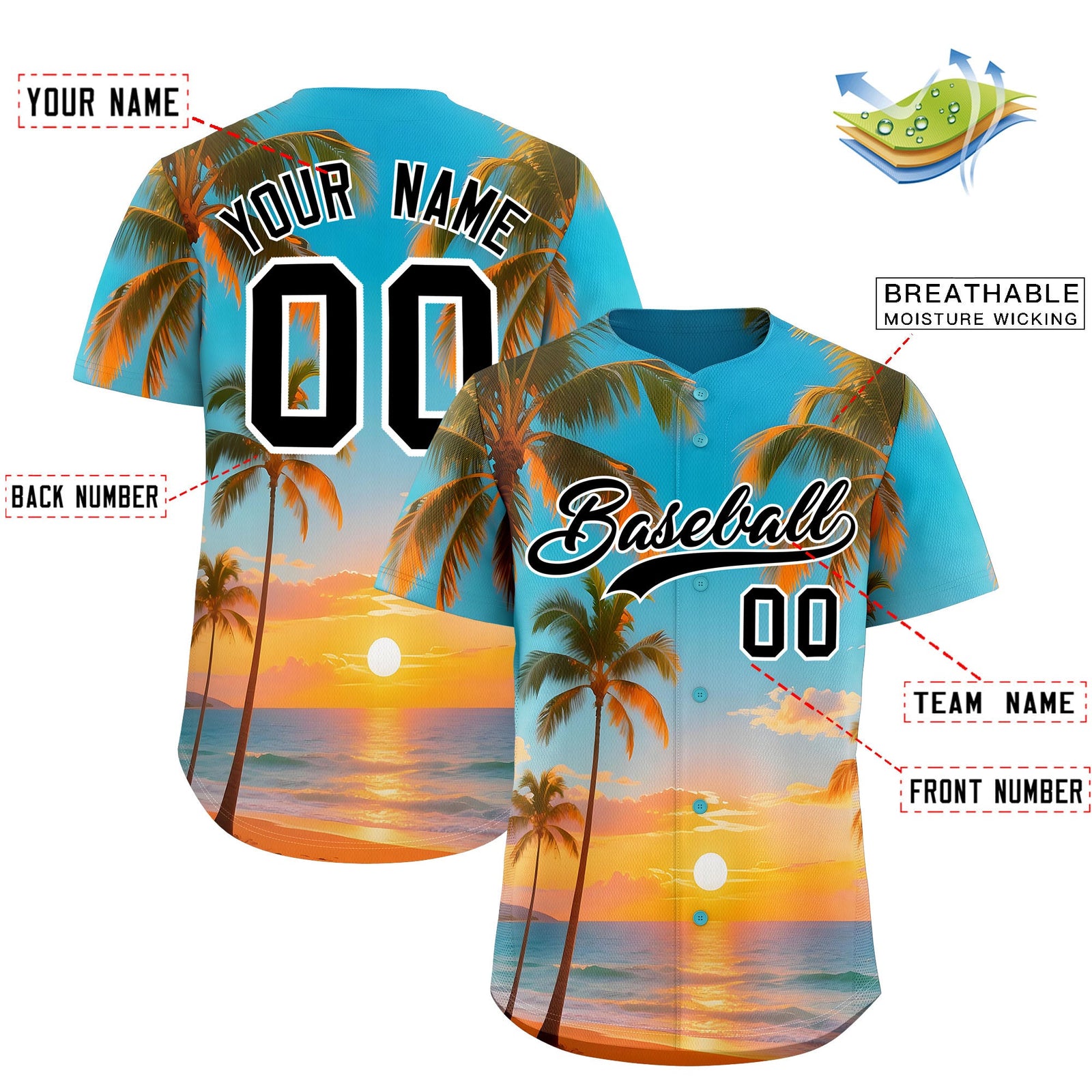 Custom White Black Sunset Palm Tree Pattern Graffiti Hawaiian Style Baseball Jersey| KXKSHOP