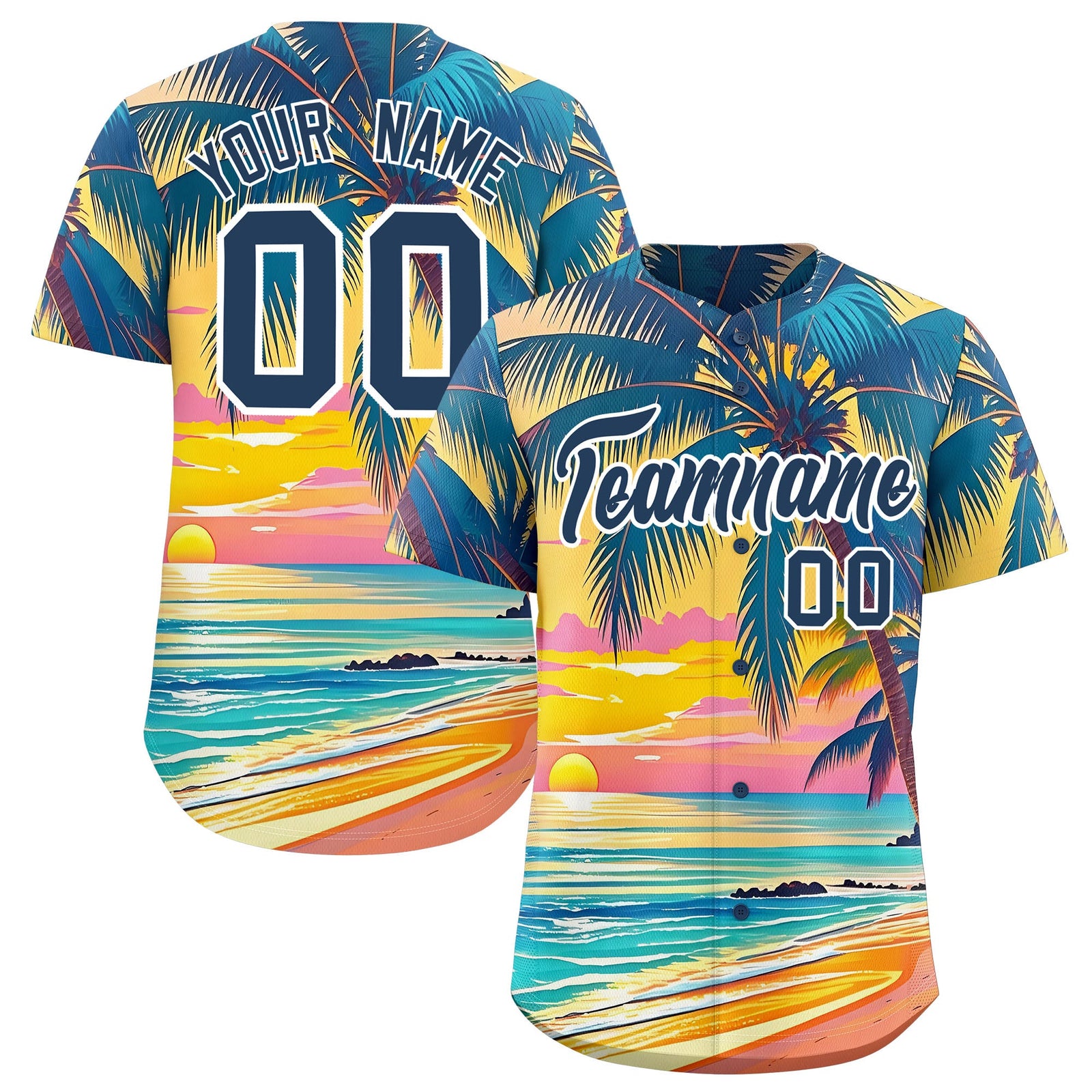 Custom Midnight Blue White Palm Tree Pattern Graffiti Hawaiian Style Baseball Jersey| KXKSHOP