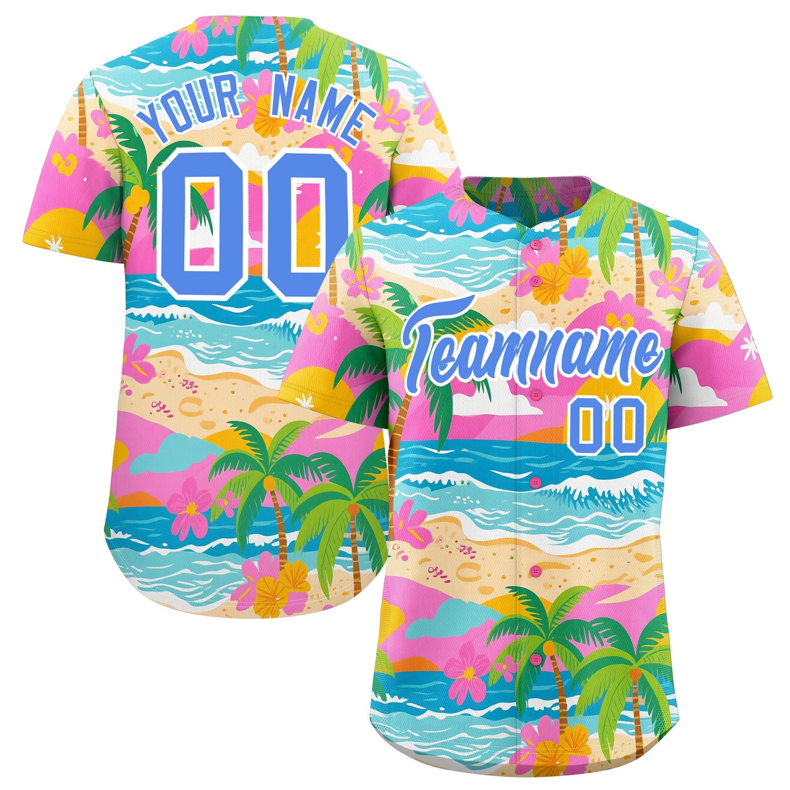 Custom Powder Blue White Palm Tree Pattern Graffiti Hawaiian Style Baseball Jersey| KXKSHOP