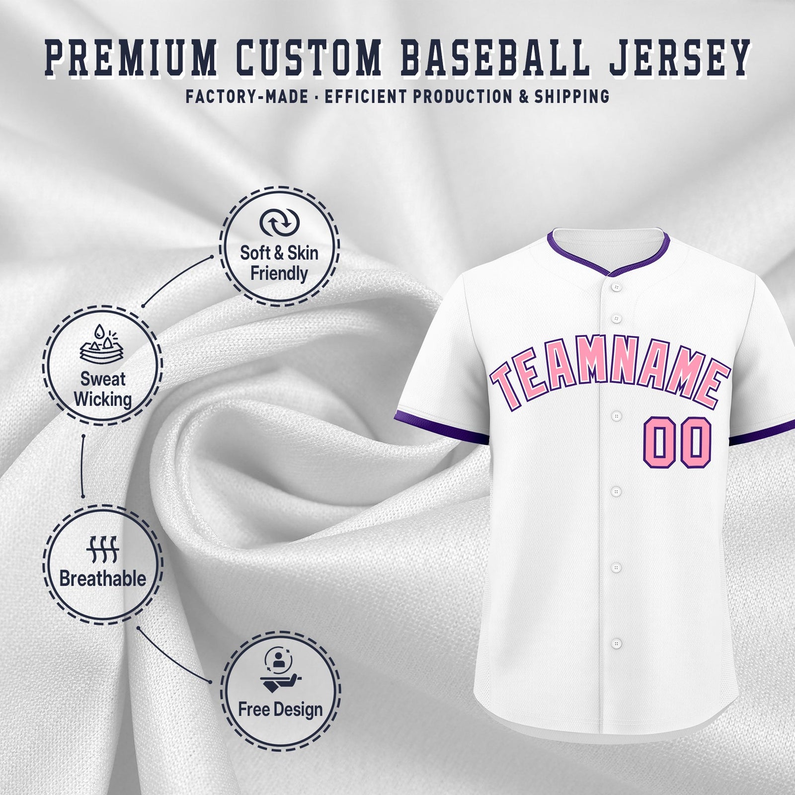 Custom White Light Pink Purple Classic Style Stitched Sports Uniform For Men Women Youth Personalized Quick Dry Baseball Jersey| KXKSHOP