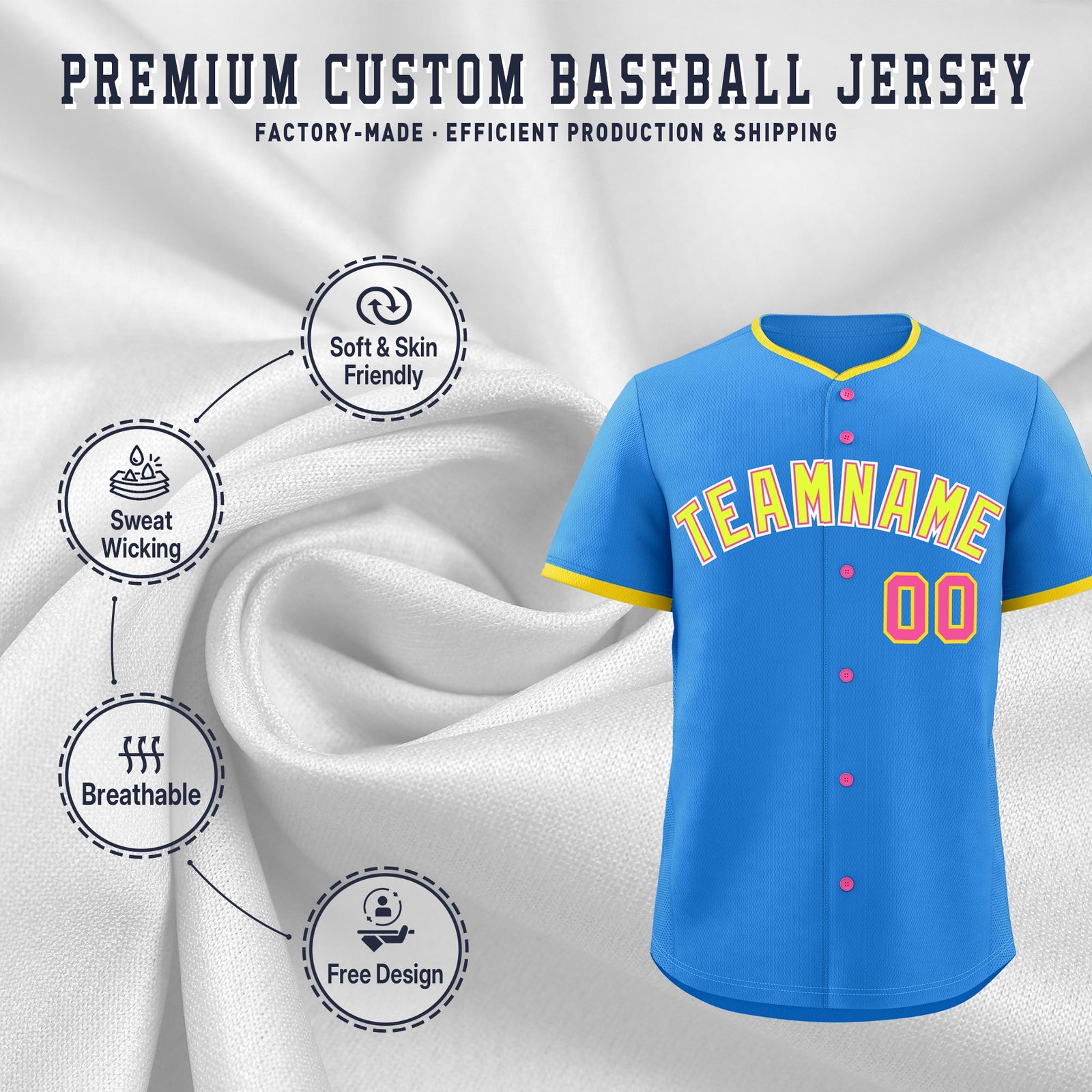 Custom Light Blue Fluorescent Green Pink Classic Style Stitched Sports Uniform For Men Women Youth Personalized Lightweight Baseball Jersey| KXKSHOP