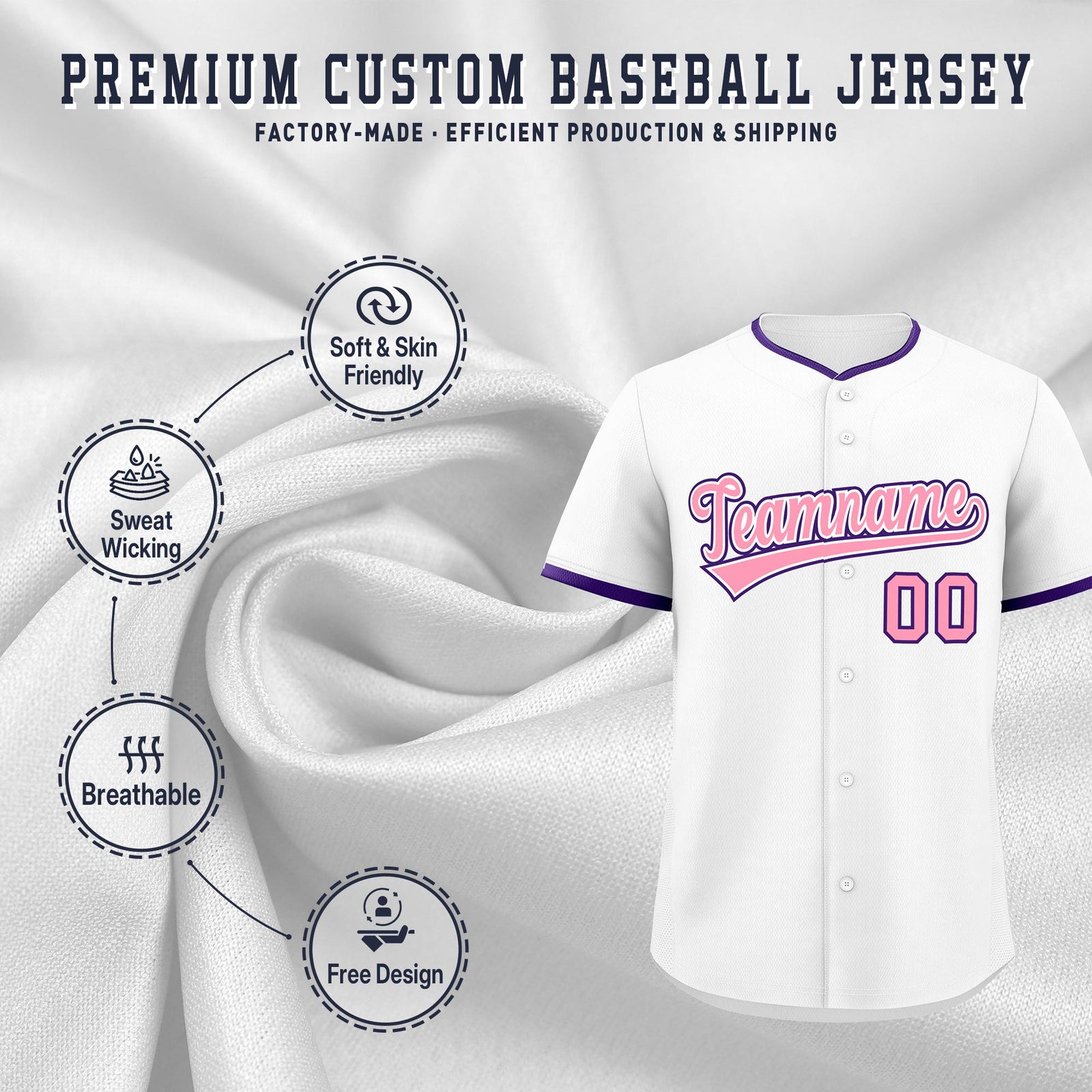 Custom White Light Pink Purple Classic Style Stitched Sports Uniform For Men Women Youth Personalized Quick Dry Baseball Jersey| KXKSHOP
