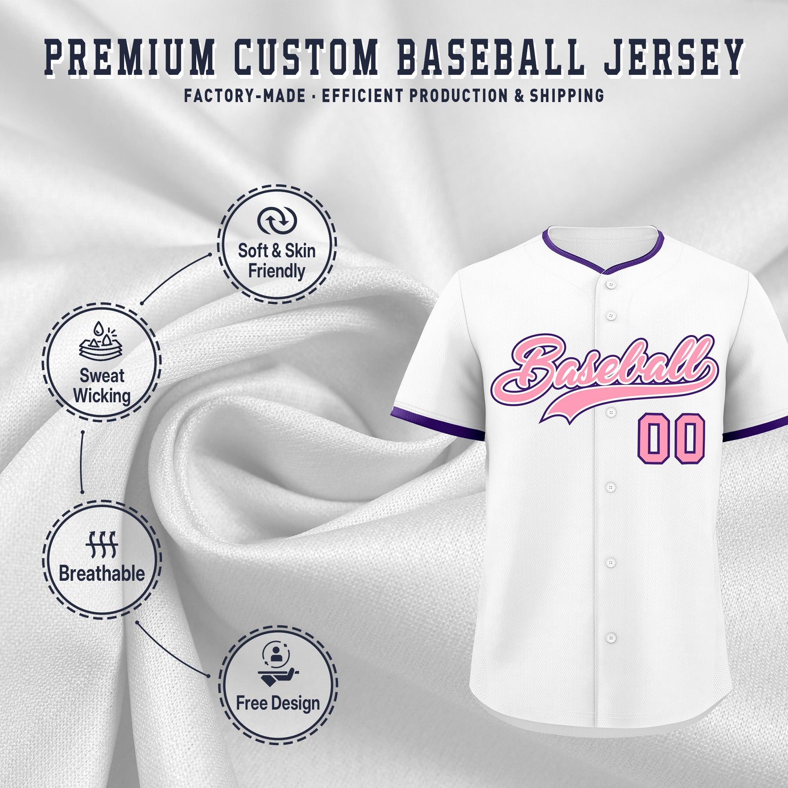 Custom White Light Pink Purple Classic Style Stitched Sports Uniform For Men Women Youth Personalized Quick Dry Baseball Jersey| KXKSHOP