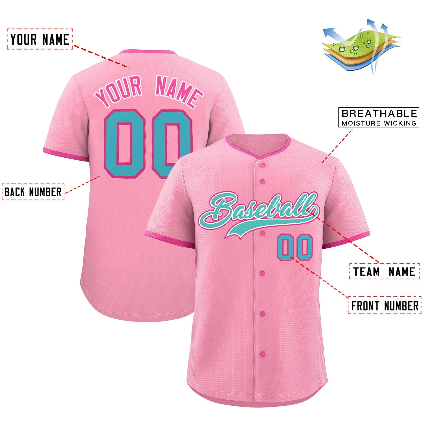 Custom Light Pink Rose Red Teal Classic Style Stitched Sports Uniform For Men Women Youth Personalized Quick Dry Baseball Jersey| KXKSHOP