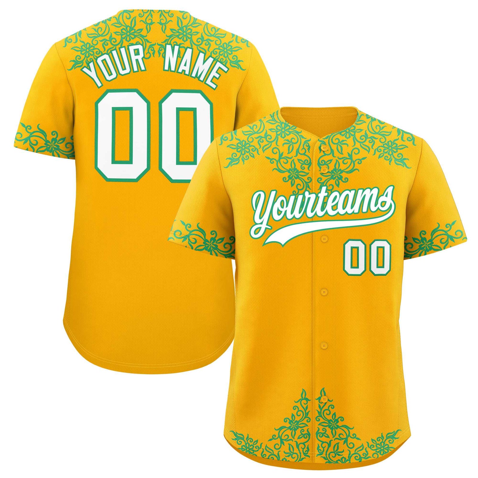 Custom Yellow Bright Green Baroque Style Personalized Baseball Jersey