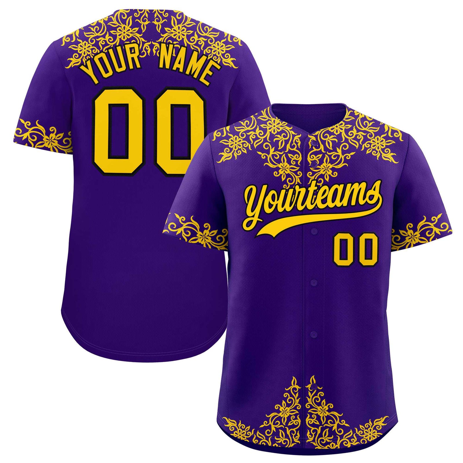 Custom Purple Gold Baroque Style Personalized Baseball Jersey