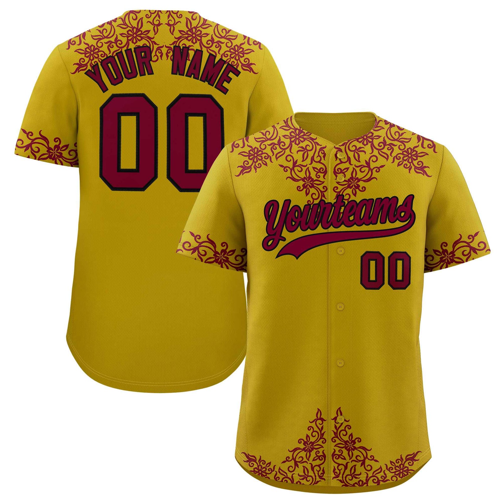 Custom Old Gold Crimson Baroque Style Personalized Baseball Jersey