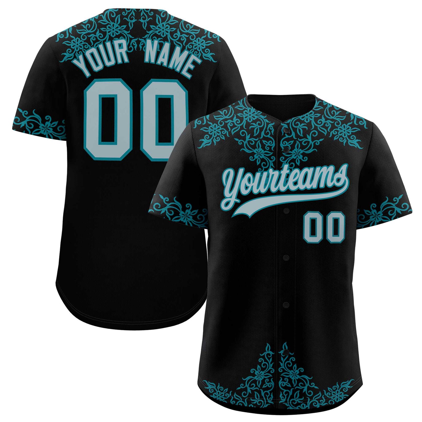 Custom Black Teal Baroque Style Personalized Baseball Jersey