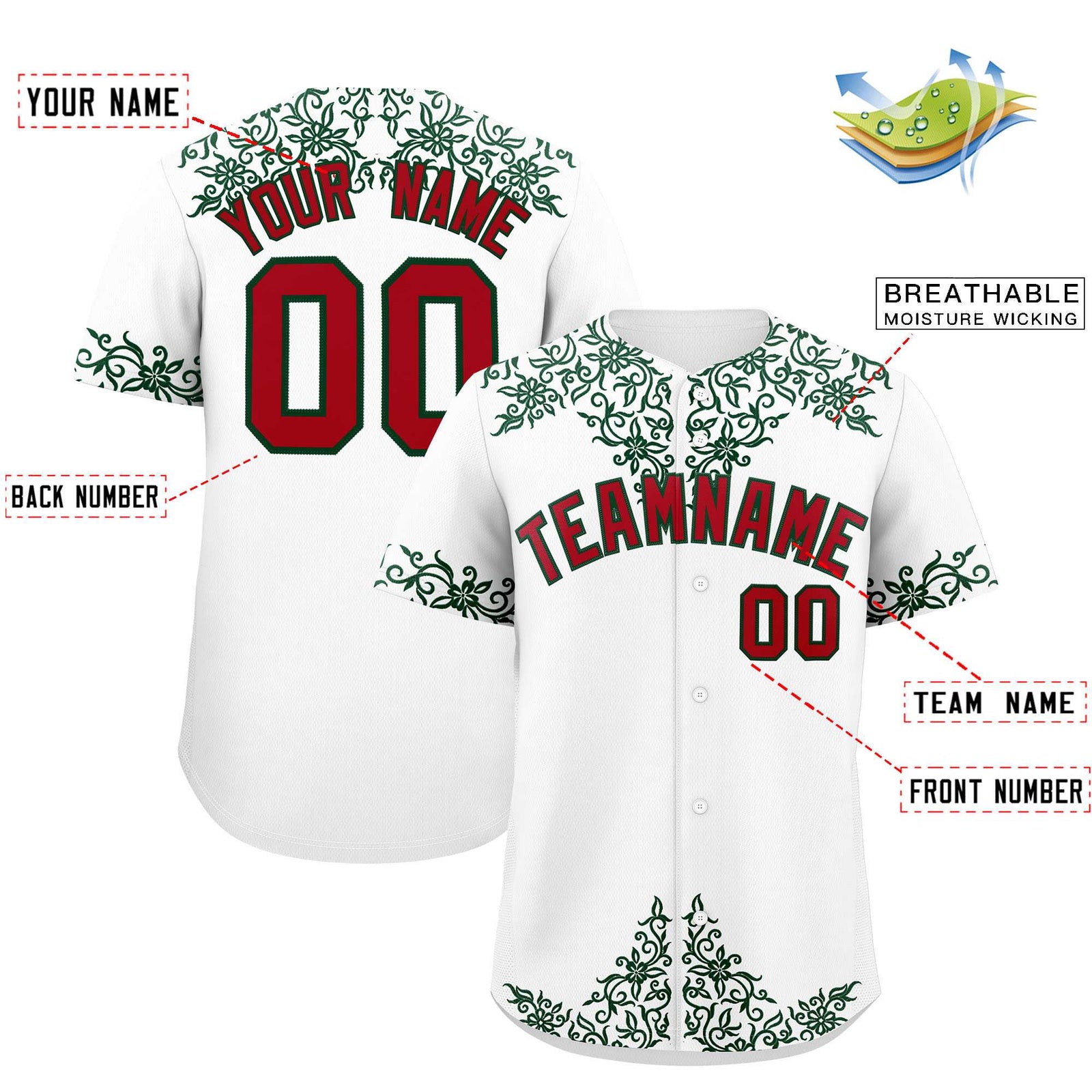 Custom White Green Baroque Style Personalized Baseball Jersey