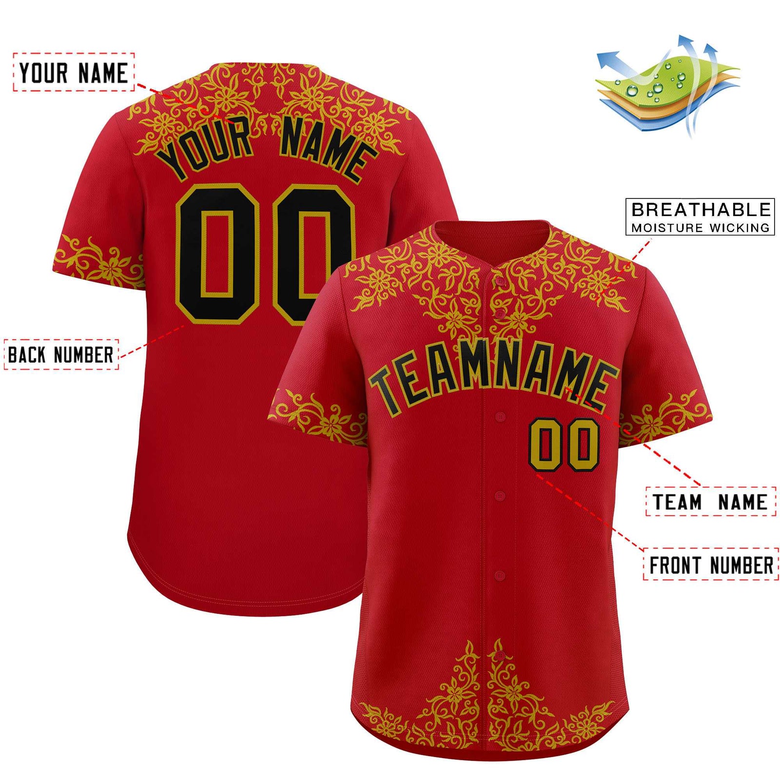 Custom Red Old Gold Baroque Style Personalized Baseball Jersey