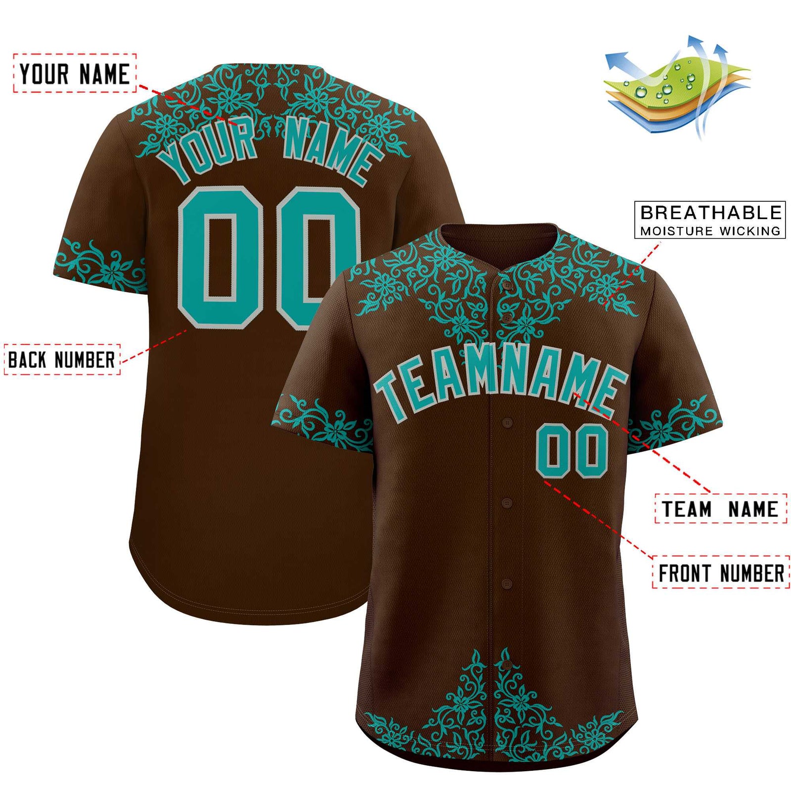Custom Brown Teal Baroque Style Personalized Baseball Jersey