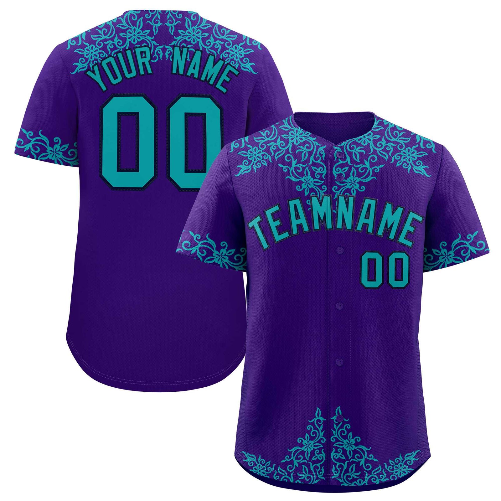 Custom Purple Aqua Baroque Style Personalized Baseball Jersey