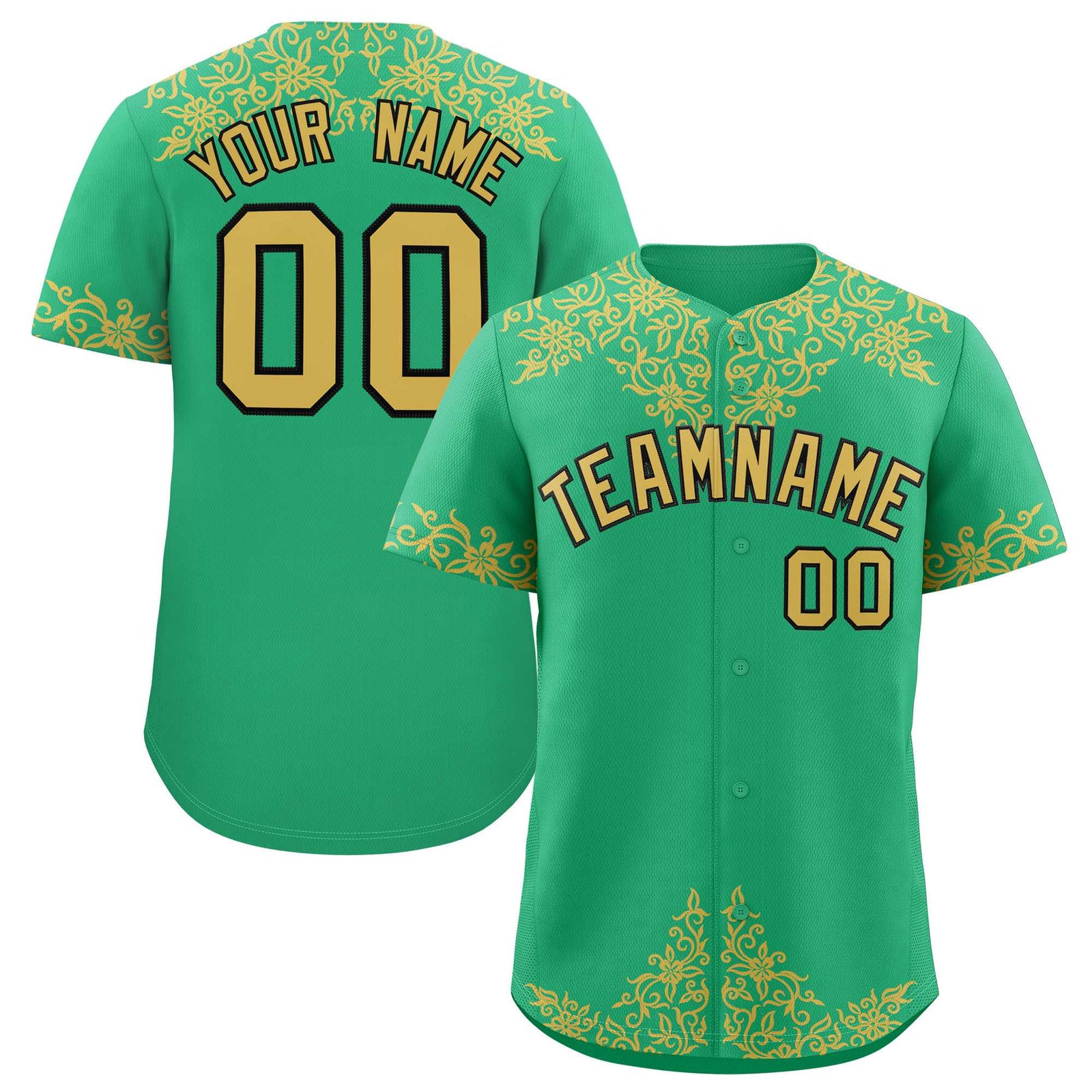 Custom Bright Green Old Gold Baroque Style Personalized Baseball Jersey