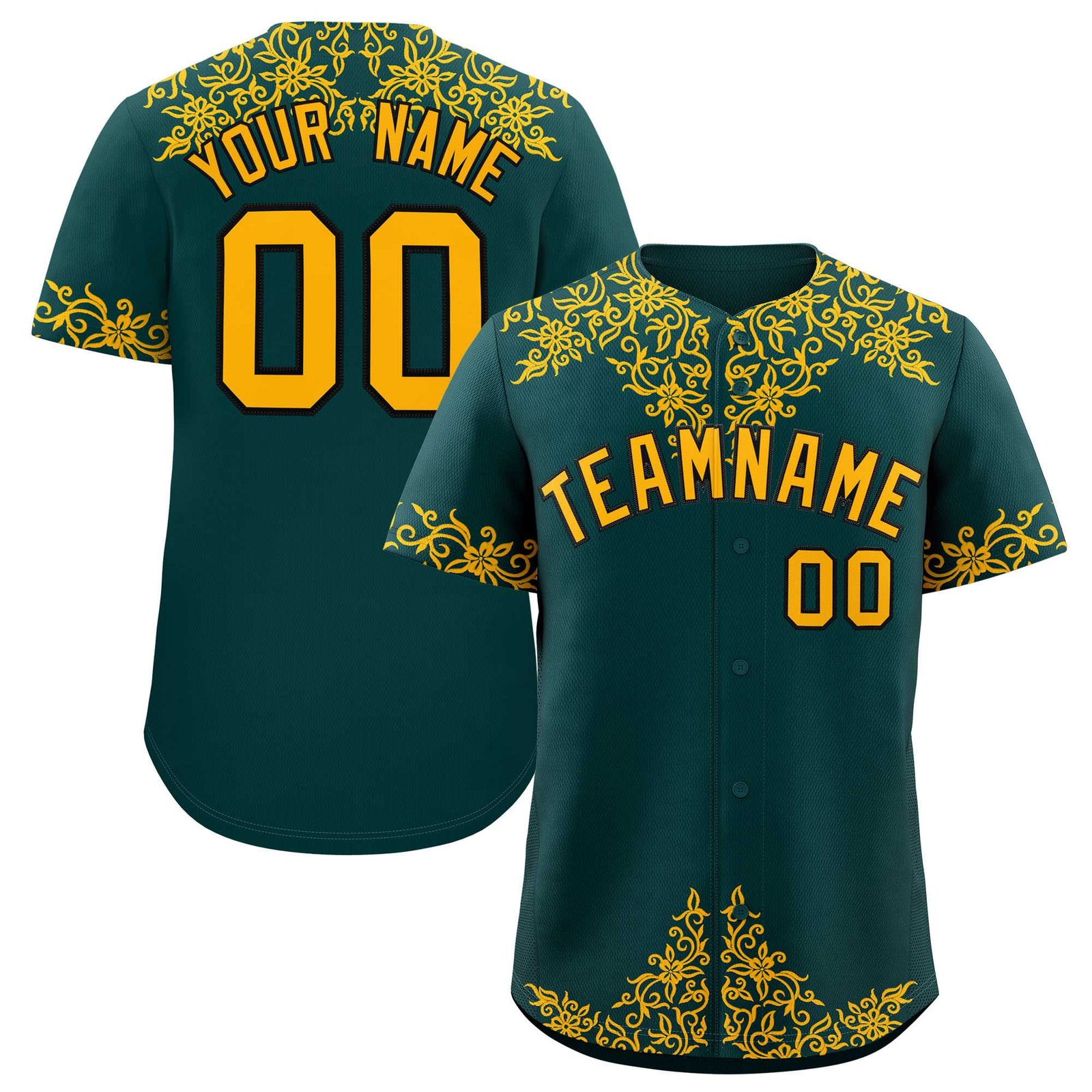 Custom Midnight Green Gold Baroque Style Personalized Baseball Jersey