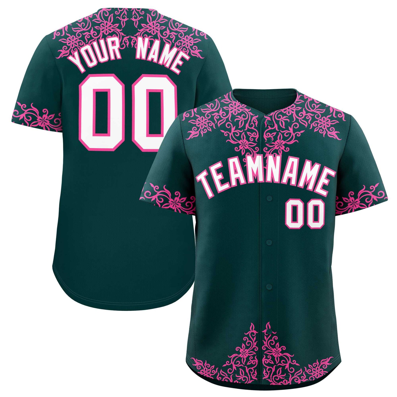Custom Midnight Green Pink Baroque Style Personalized Baseball Jersey