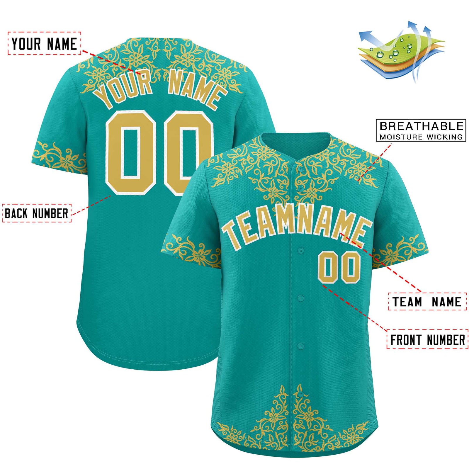 Custom Aqua Old Gold Baroque Style Personalized Baseball Jersey