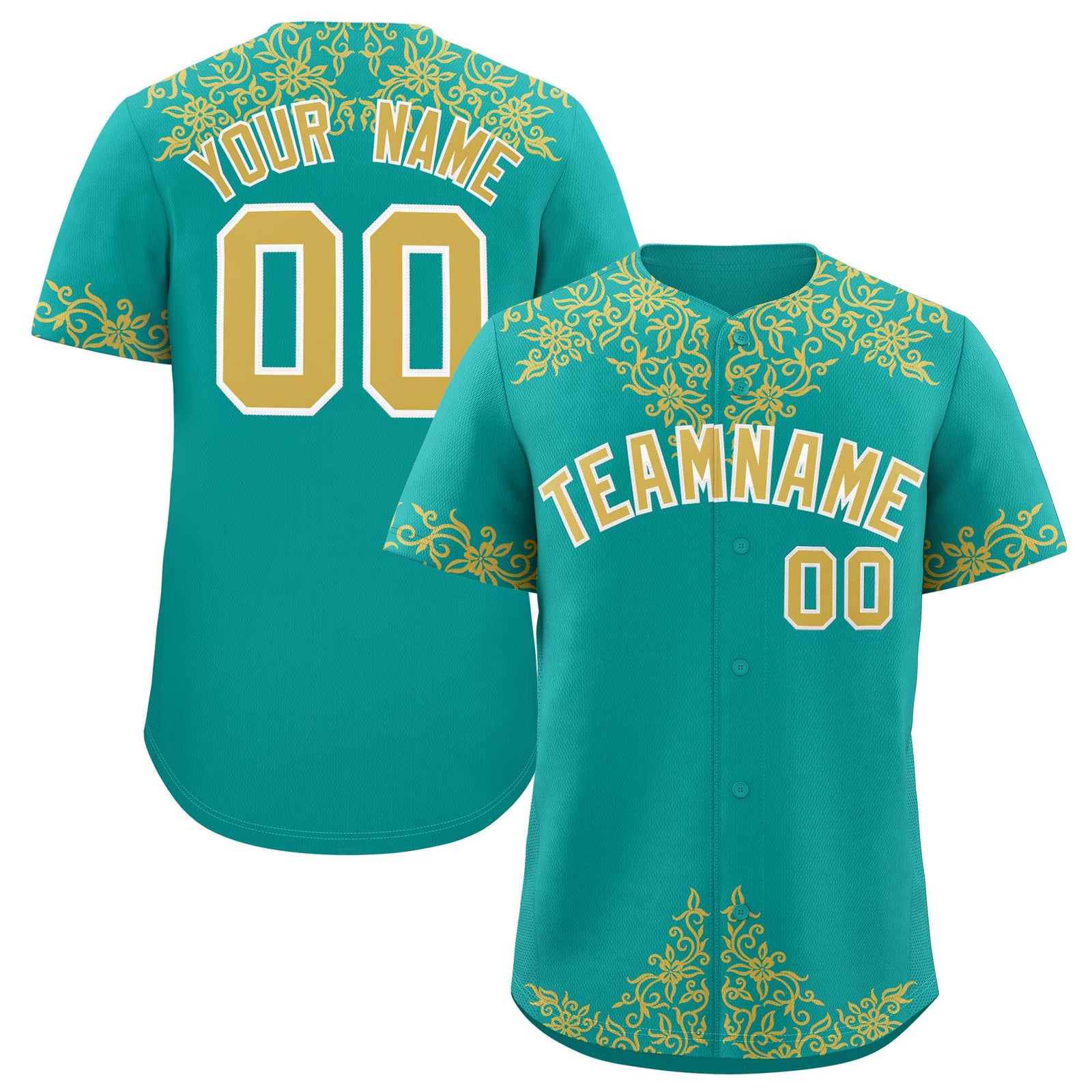 Custom Aqua Old Gold Baroque Style Personalized Baseball Jersey