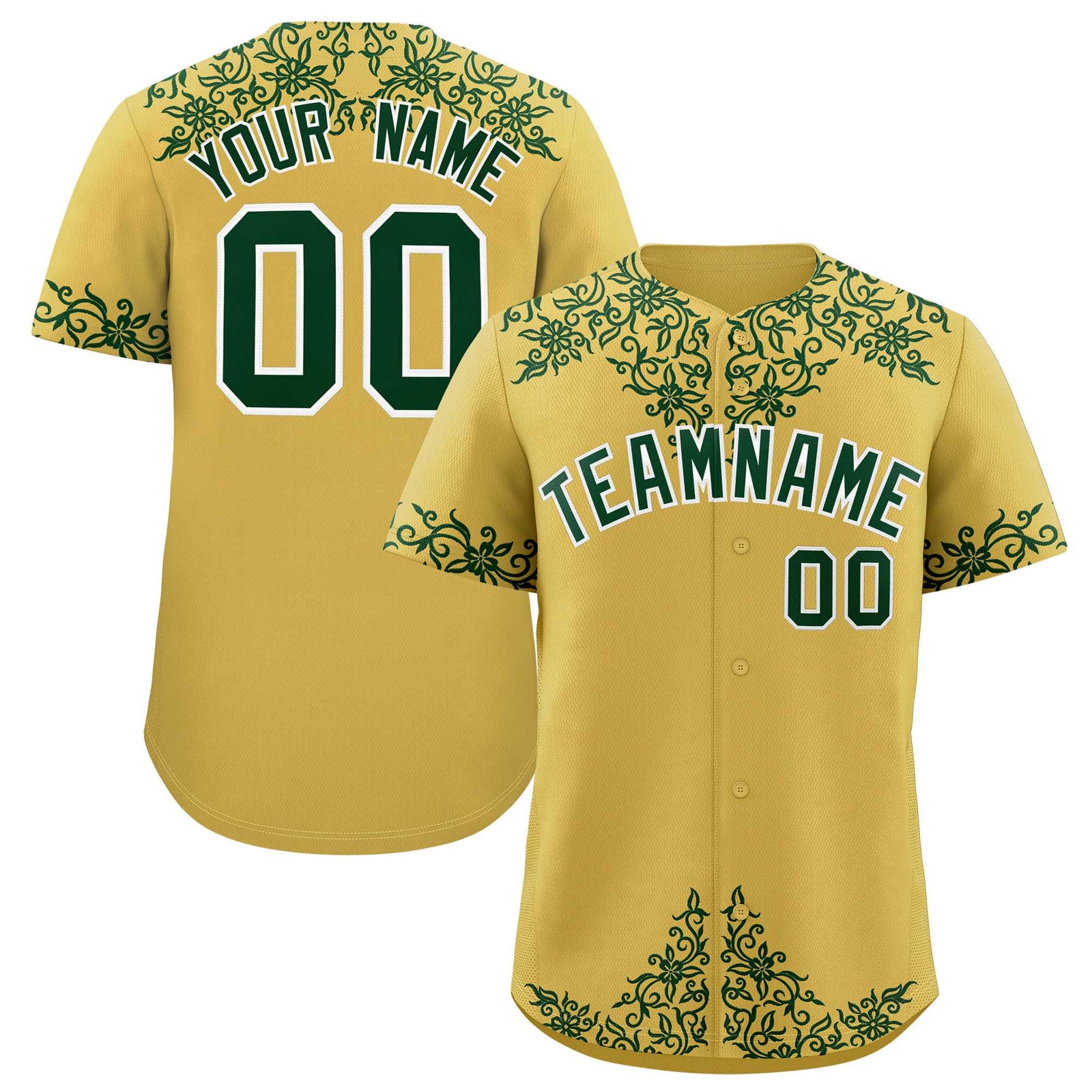Custom Old Gold Green Baroque Style Personalized Baseball Jersey
