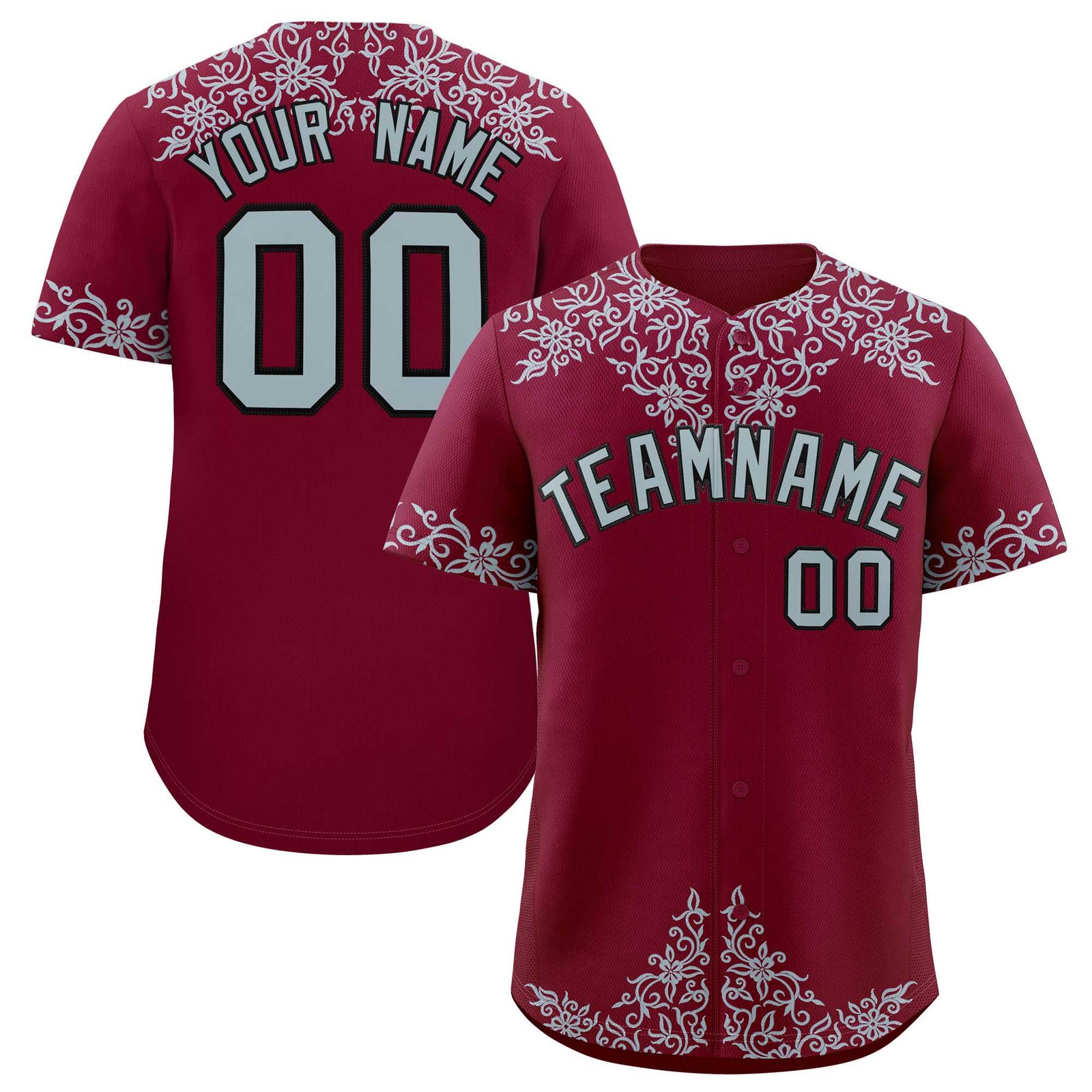 Custom Crimson Silver Baroque Style Personalized Baseball Jersey