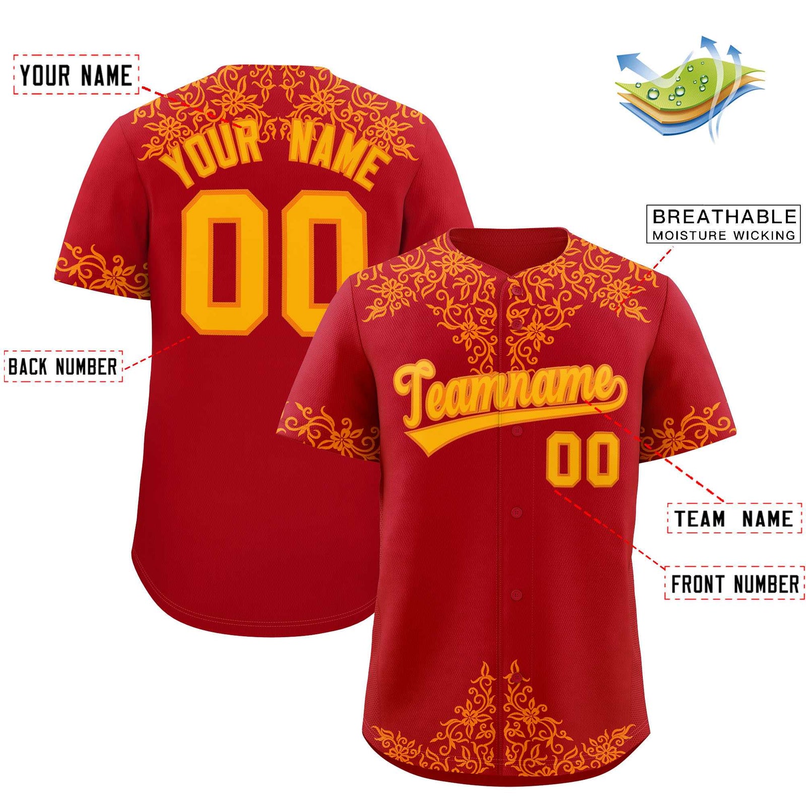 Custom Red Yellow Baroque Style Personalized Baseball Jersey
