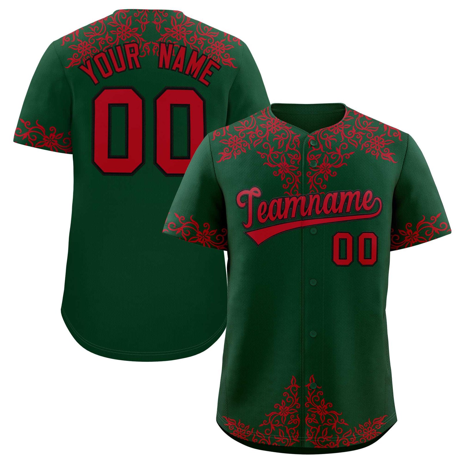 Custom Green Red Baroque Style Personalized Baseball Jersey