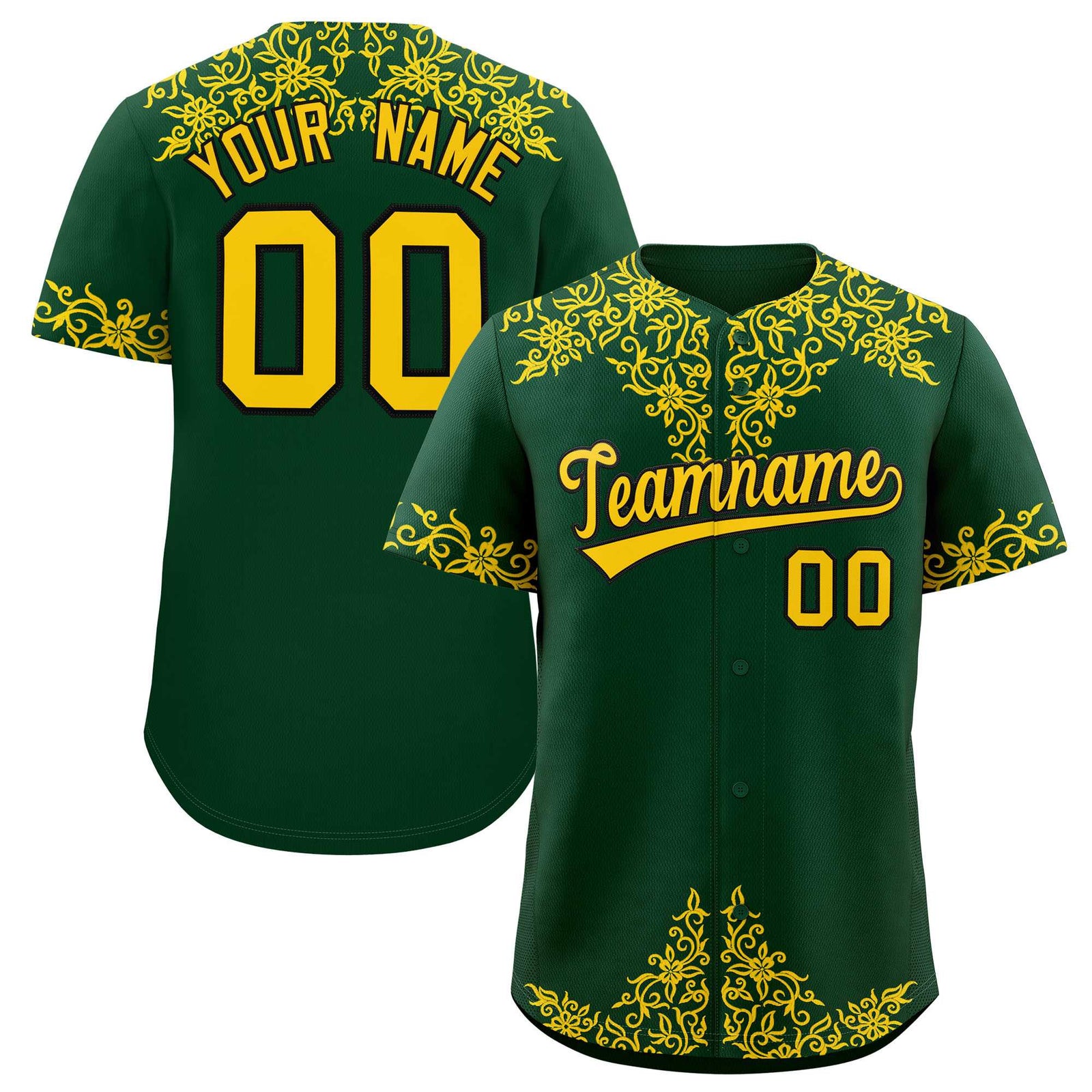Custom Green Gold Baroque Style Personalized Baseball Jersey