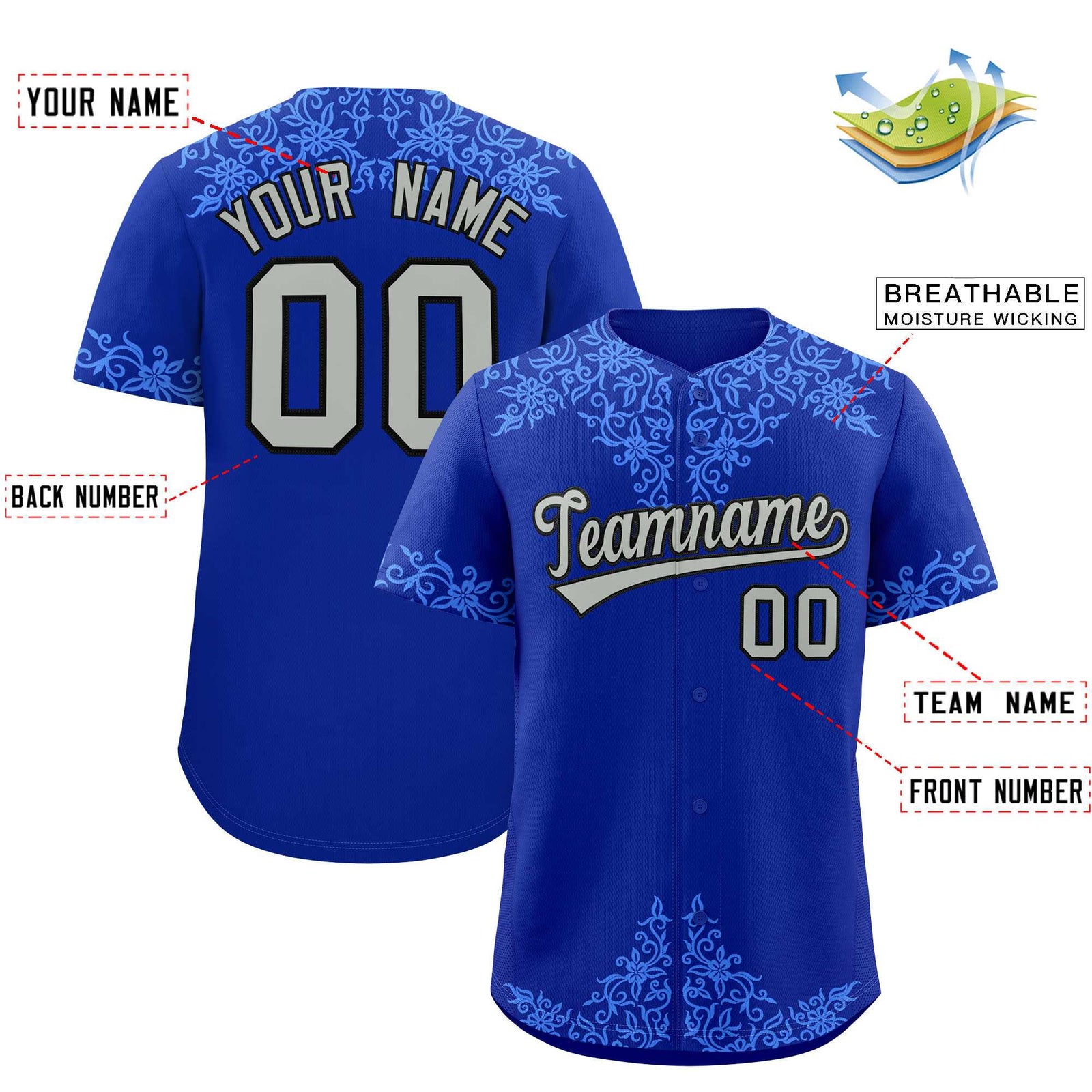 Custom Royal Powder Blue Baroque Style Personalized Baseball Jersey
