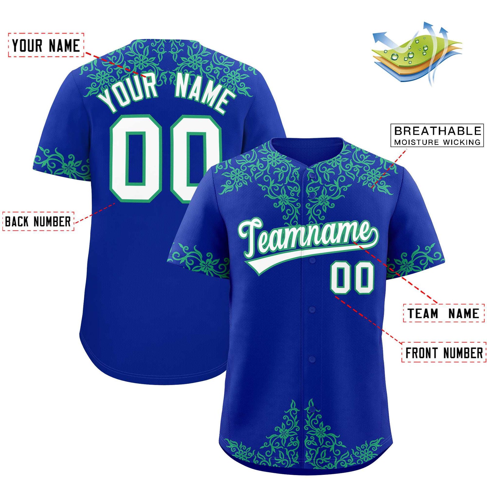 Custom Royal Bright Green Baroque Style Personalized Baseball Jersey